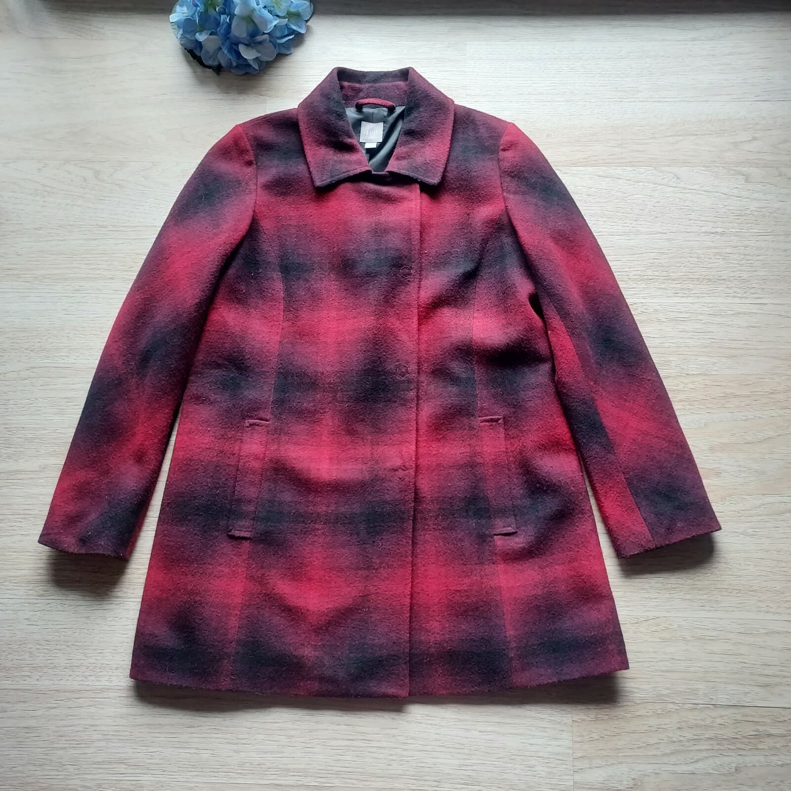 J.Jill Wool Blend Red Buffalo Plaid Pea Coat Jacket Snap Pocket Lined Women Sz.S