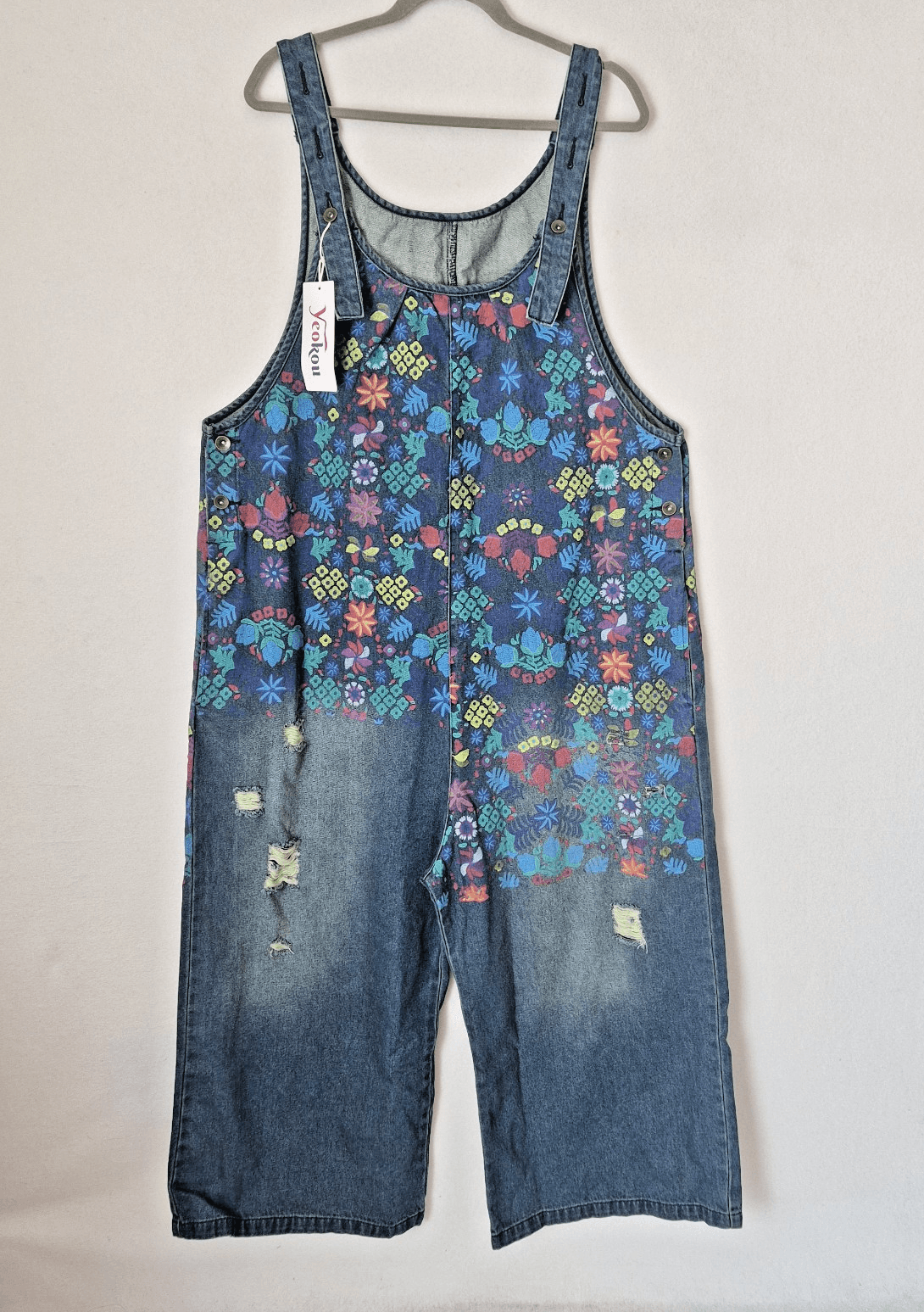 NWT Yeokou Floral Painted Loose Baggy Distressed Denim Overalls Pocket Blue O/S - Thumbnail 2