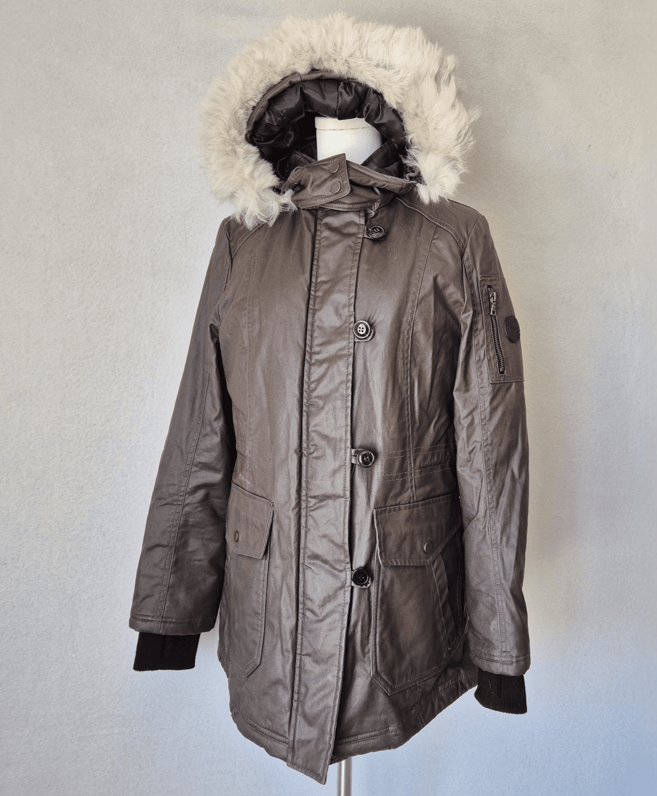 UGG Down Removeable Lamb Fur Trim Hooded Parka Winter Coat Jacket Brown Womens S - Thumbnail 2