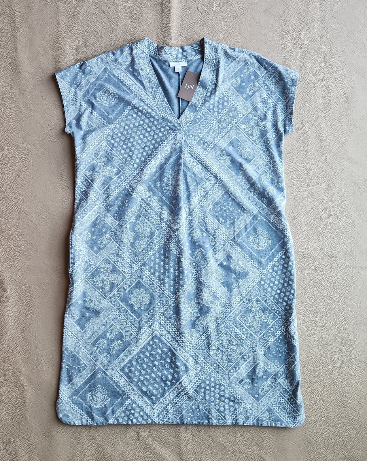 NWT J.Jill $79 Coastal Bandana Print Knit Shift Dress Pocket Grey Blue Women's M - Thumbnail 5