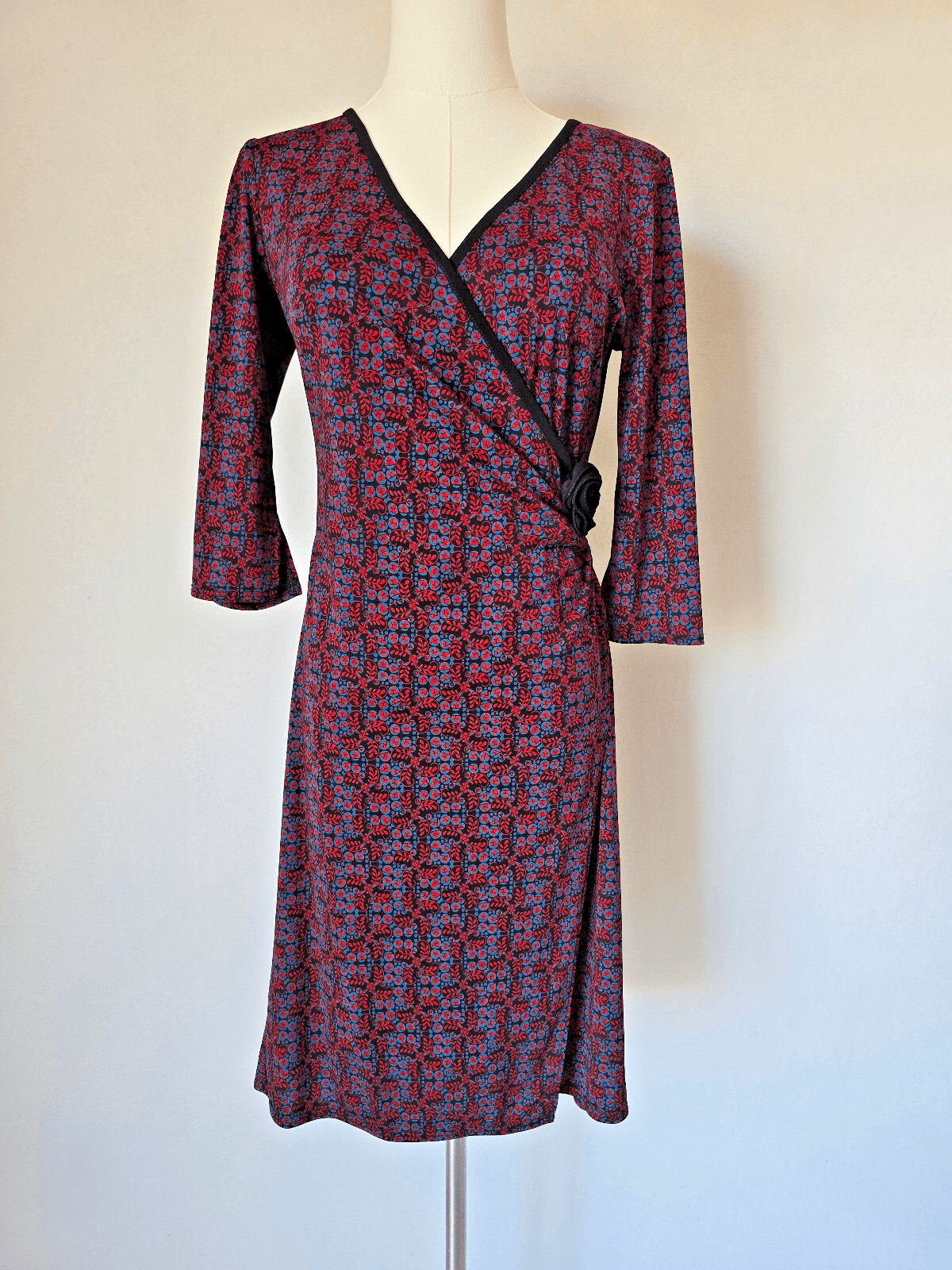 Vintage Y2K MAX Studio Made in USA Floral Jersey Faux Wrap Dress Red Blue Sz.SP - Thumbnail 2