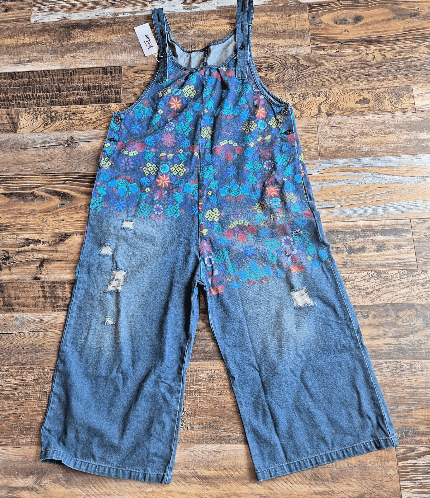 NWT Yeokou Floral Painted Loose Baggy Distressed Denim Overalls Pocket Blue O/S - Thumbnail 3