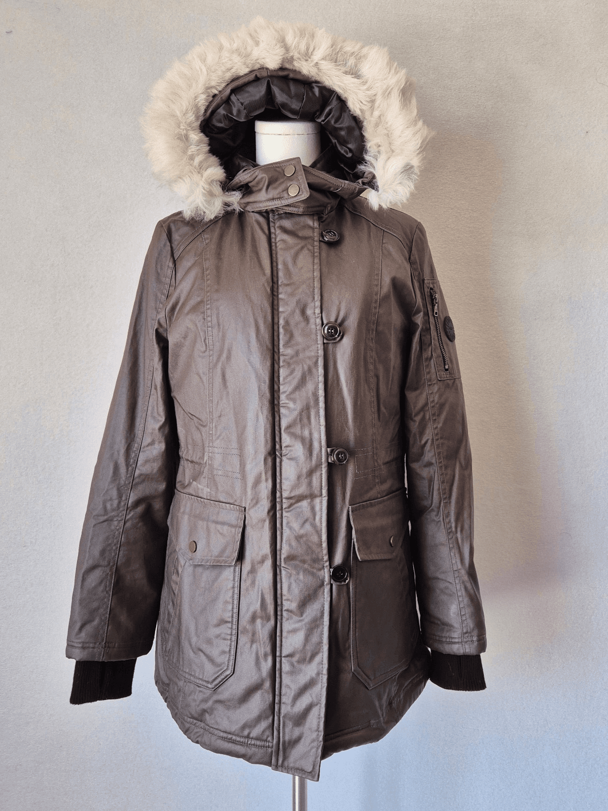 UGG Down Removeable Lamb Fur Trim Hooded Parka Winter Coat Jacket Brown Womens S