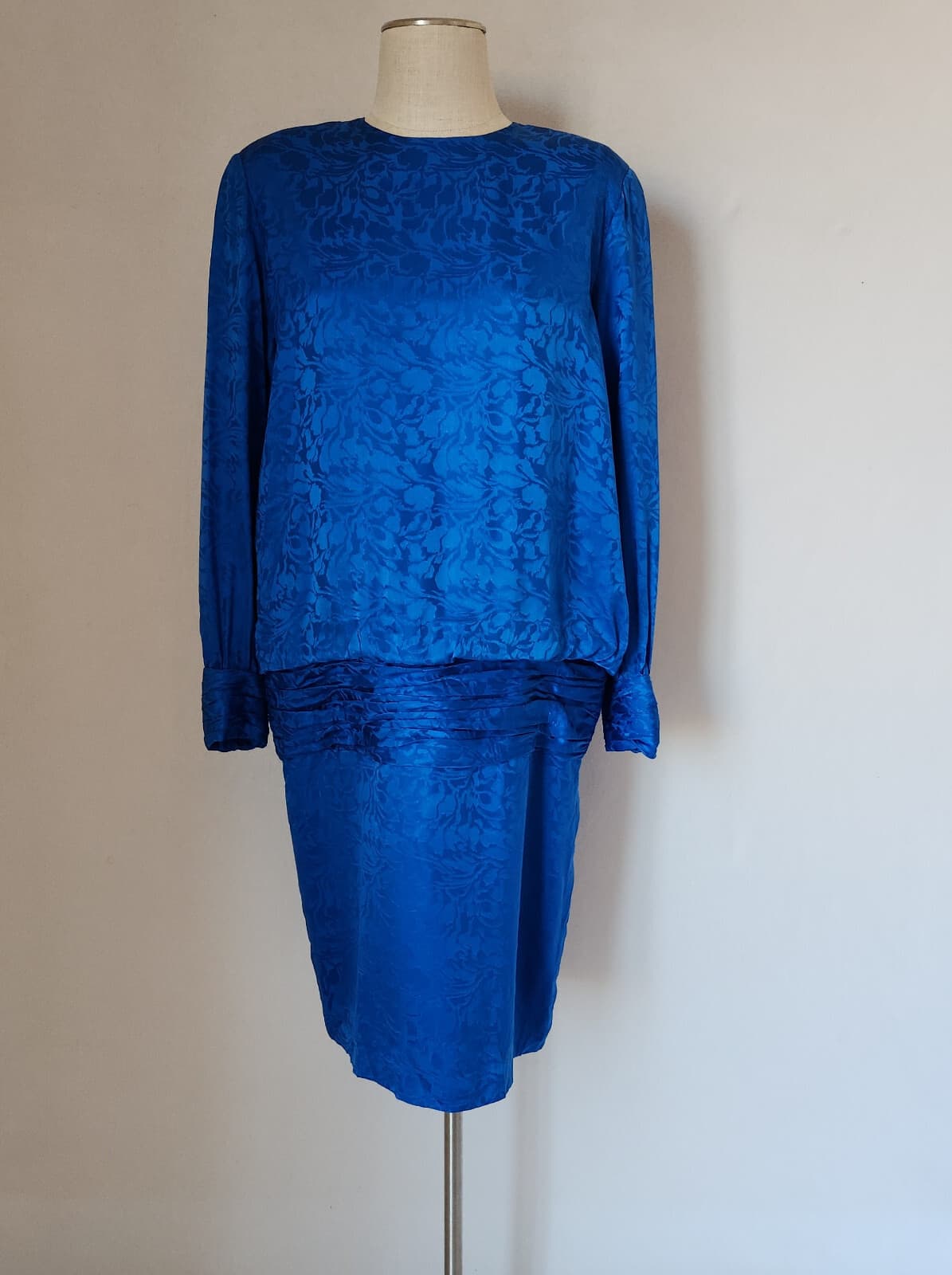 Vintage Silk Studio Cocktail Party Drop Waist Midi Dress Long Sleeve Blue Sz.14 - Thumbnail 2