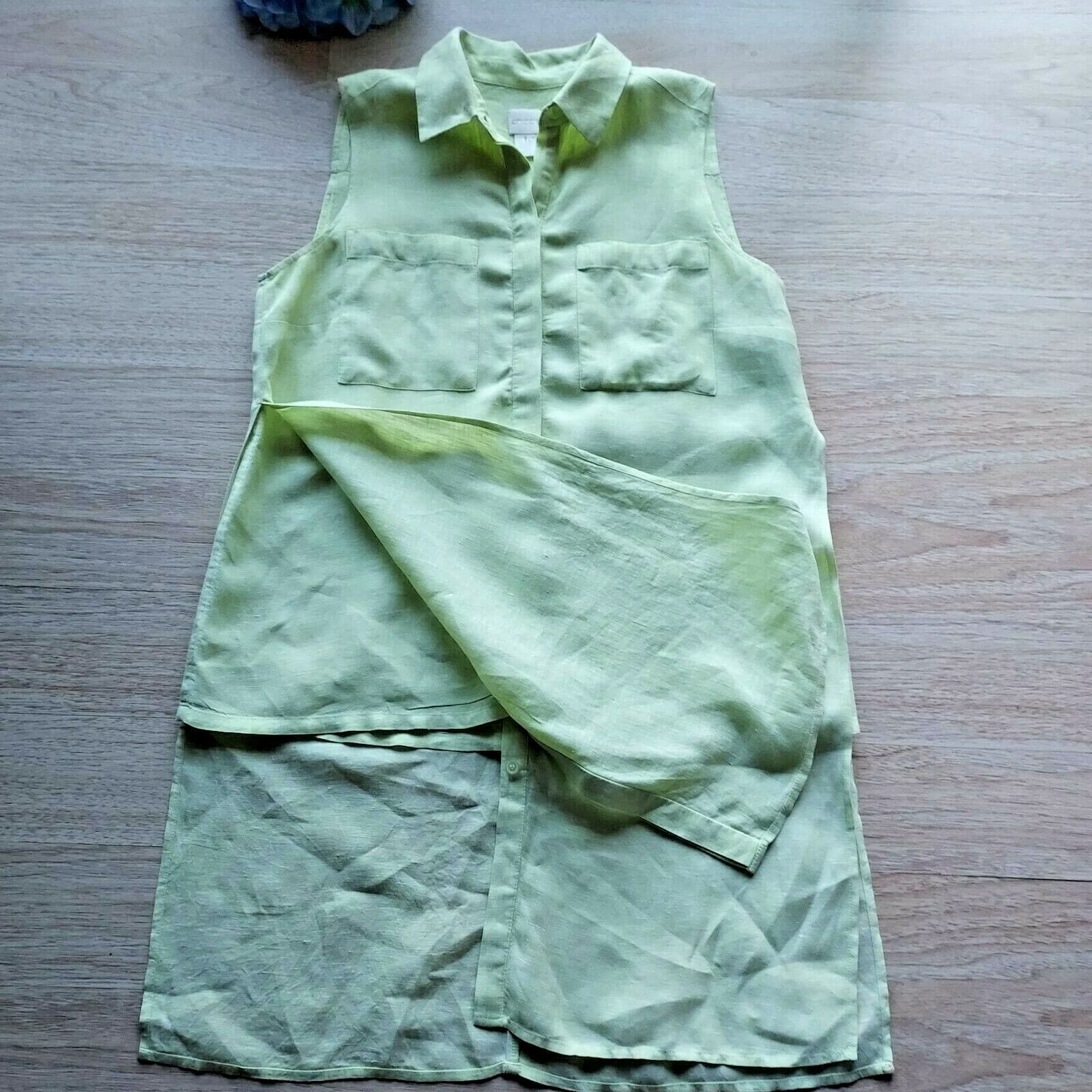 CHICO'S Linen Layer Tunic Top Sleeveless Button-Down Pocket Green Women Sz.1 - Thumbnail 4