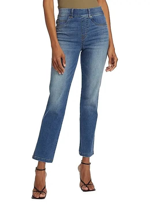 SPANX Straight Leg Ankle Jeans Stretch Pull-On 2 Back Pocket Medium Blue Sz.L - Thumbnail 4