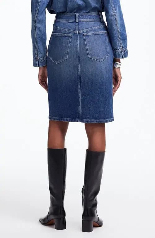 Madewell Denim Button-Front Midi Skirt Pocket Cotton Blend Blue Women's 30 NT750 - Thumbnail 7