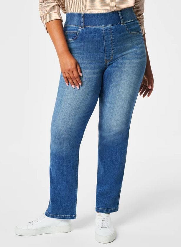 SPANX Straight Leg Ankle Jeans Stretch Pull-On 2 Back Pocket Medium Blue Sz.L - Thumbnail 3