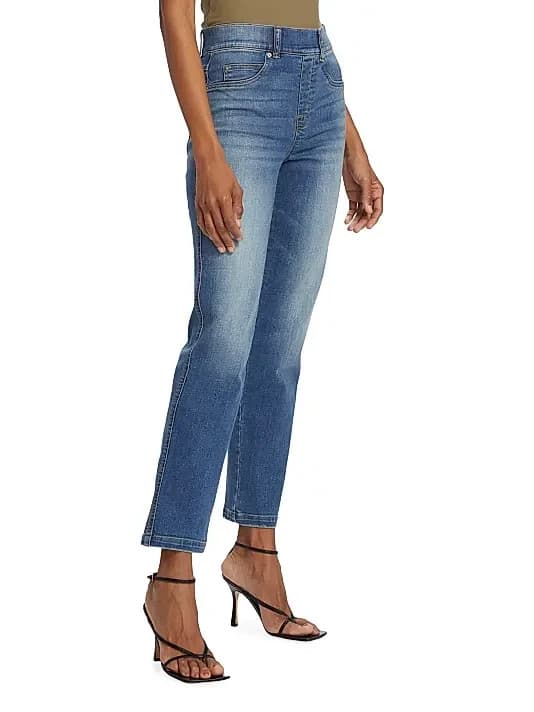 SPANX Straight Leg Ankle Jeans Stretch Pull-On 2 Back Pocket Medium Blue Sz.L - Thumbnail 7