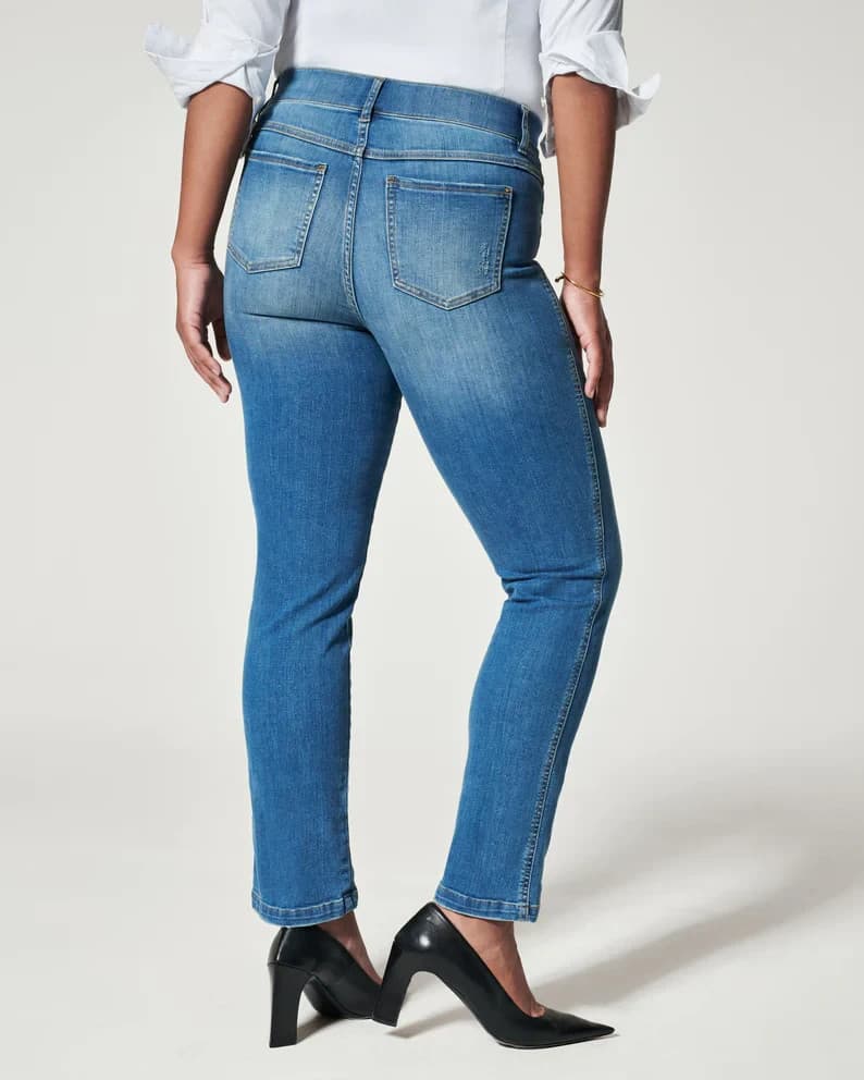 SPANX Straight Leg Ankle Jeans Stretch Pull-On 2 Back Pocket Medium Blue Sz.L - Thumbnail 13