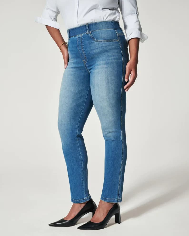 SPANX Straight Leg Ankle Jeans Stretch Pull-On 2 Back Pocket Medium Blue Sz.L - Thumbnail 6