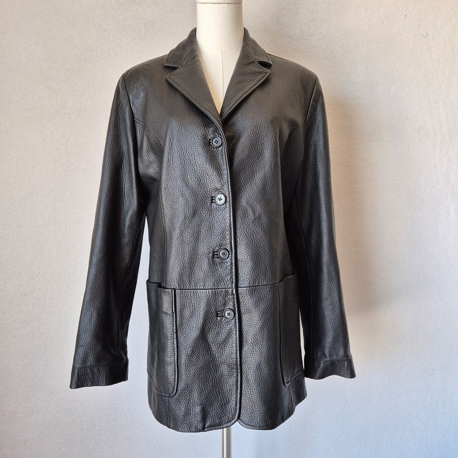 ecco Made in Italy Black Pebble Leather Blazer Jacket Pocket Lined Women's L - Thumbnail 2