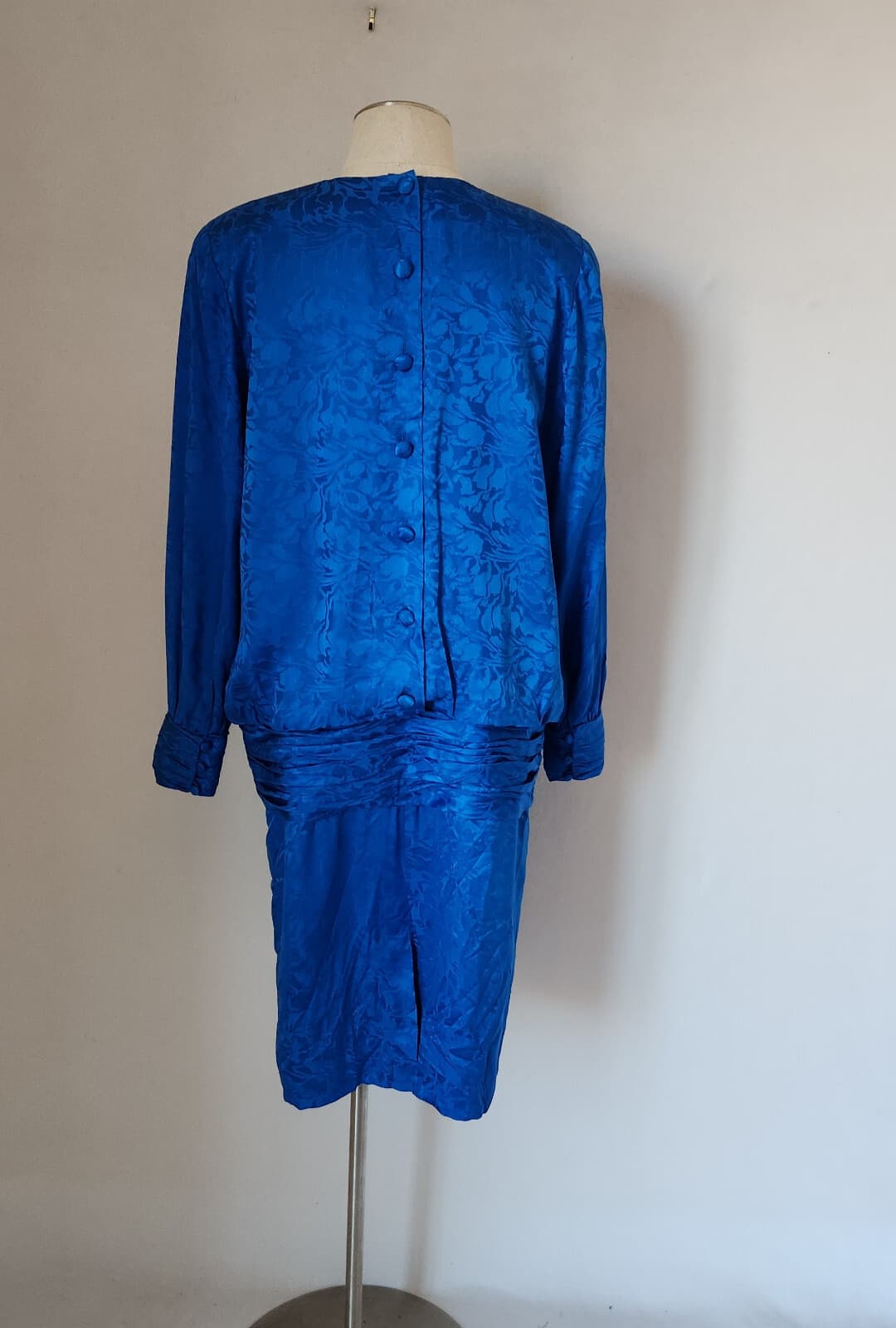 Vintage Silk Studio Cocktail Party Drop Waist Midi Dress Long Sleeve Blue Sz.14 - Thumbnail 5