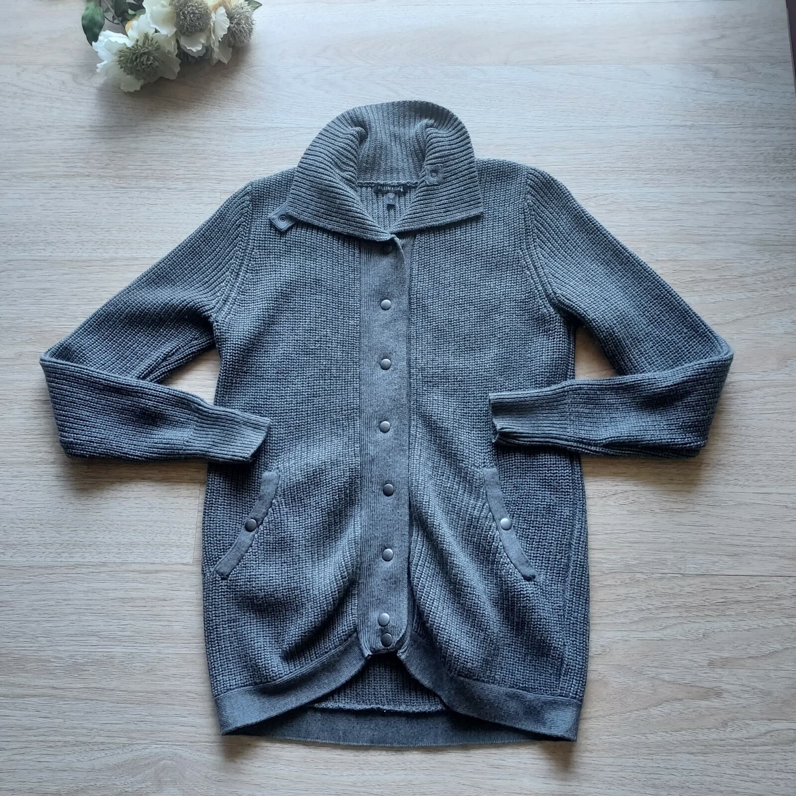 EILEEN FISHER 100% Merino Wool Cable Knit Cardigan Snap Pocket Grey Women Sz.S - Thumbnail 3