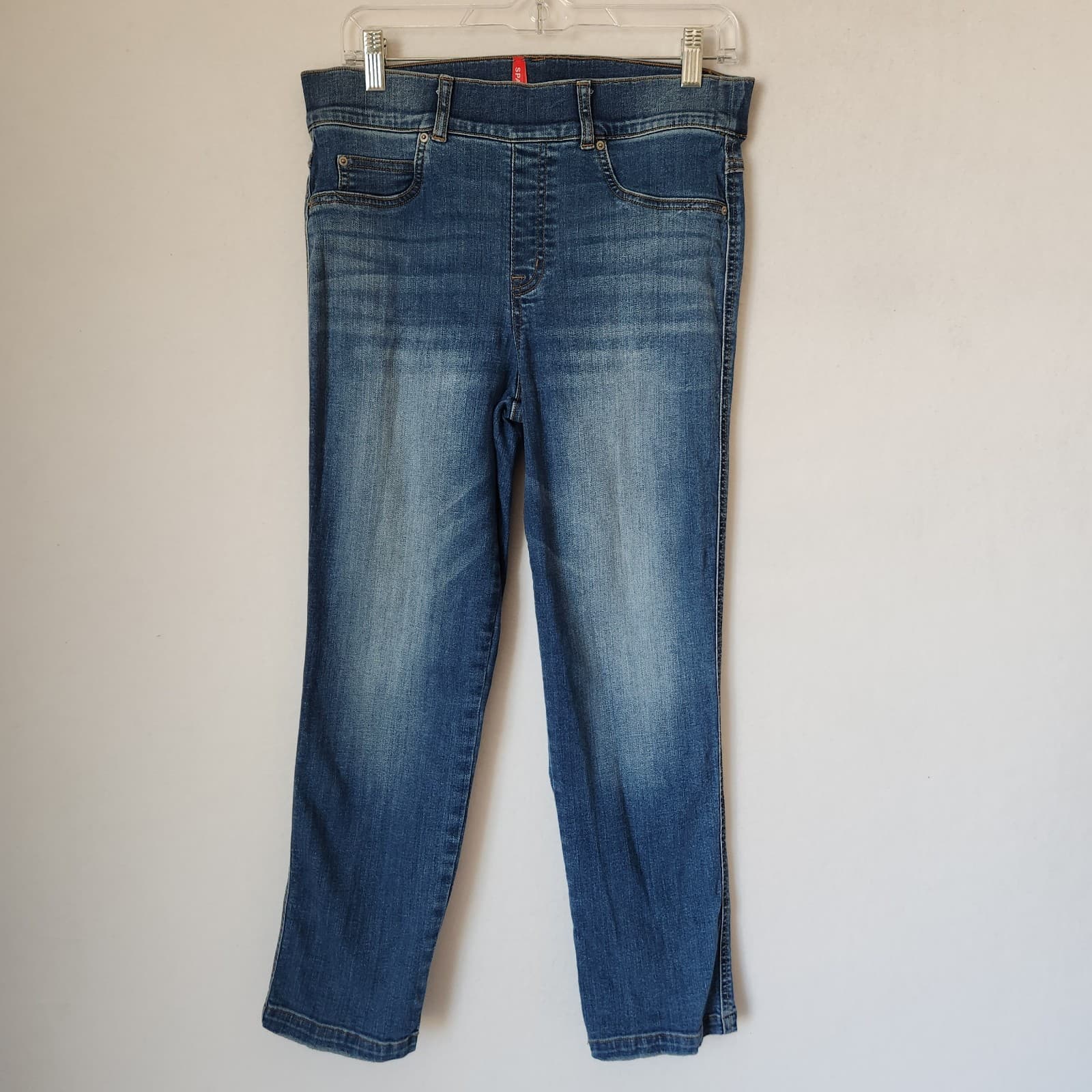 SPANX Straight Leg Ankle Jeans Stretch Pull-On 2 Back Pocket Medium Blue Sz.L