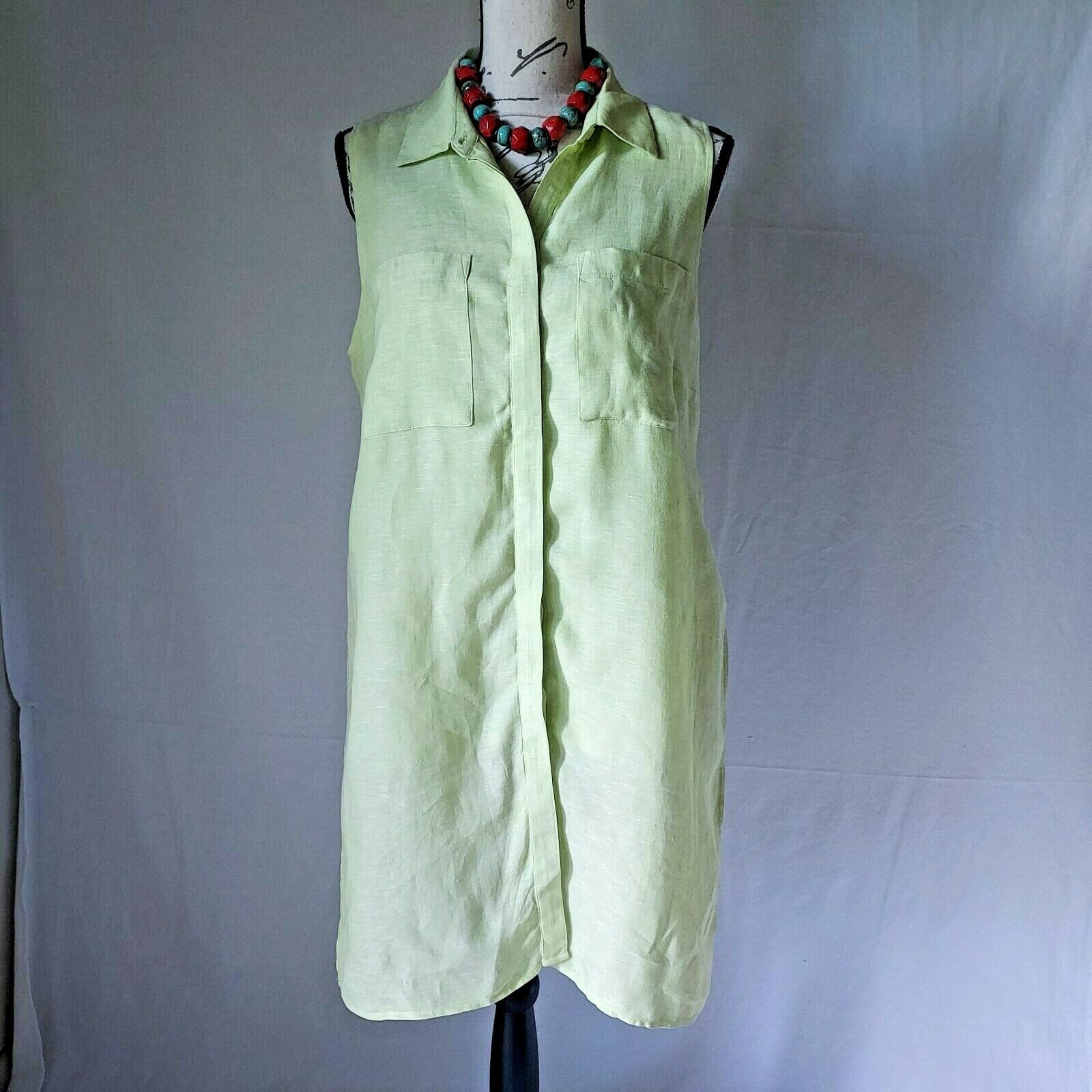 CHICO'S Linen Layer Tunic Top Sleeveless Button-Down Pocket Green Women Sz.1