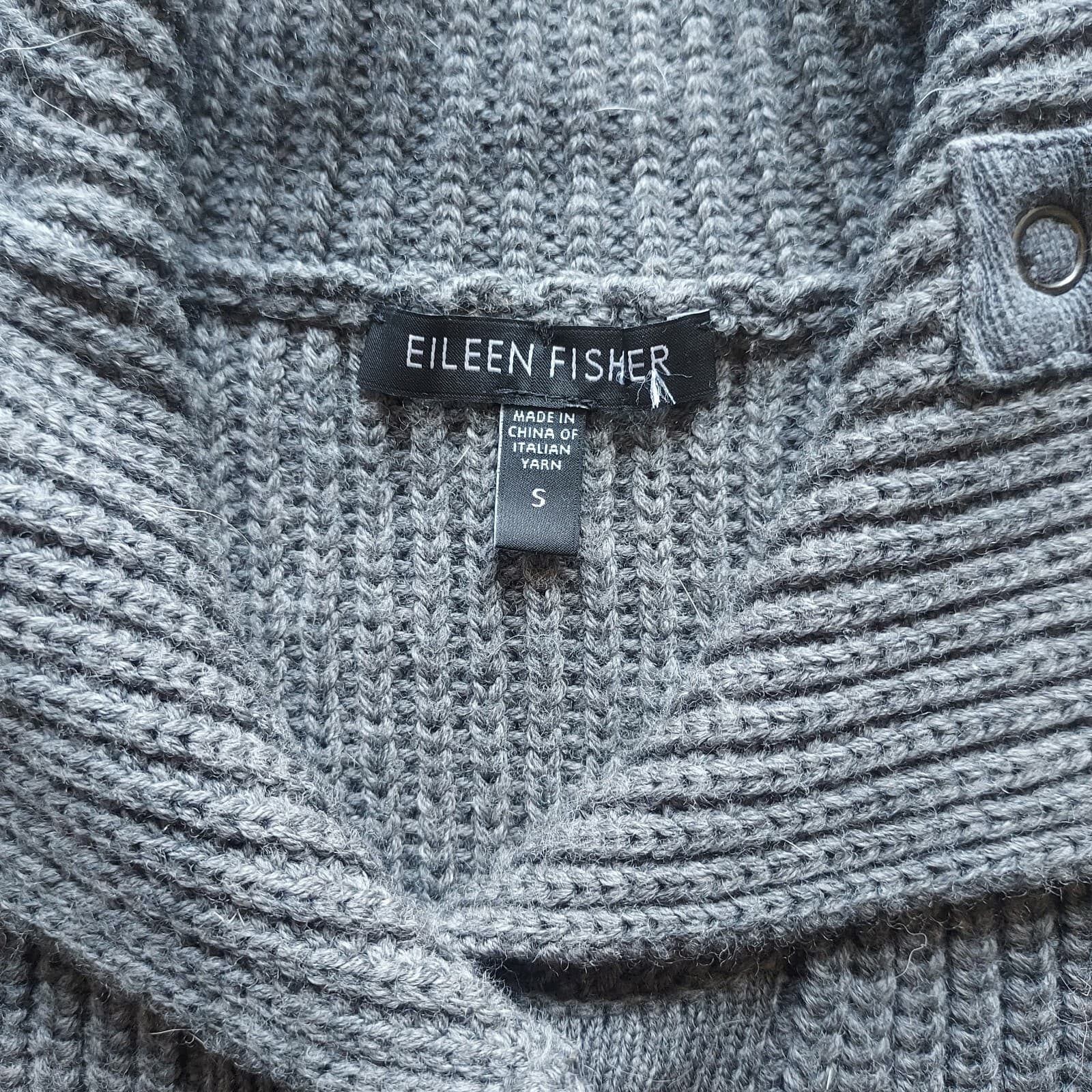 EILEEN FISHER 100% Merino Wool Cable Knit Cardigan Snap Pocket Grey Women Sz.S - Thumbnail 9
