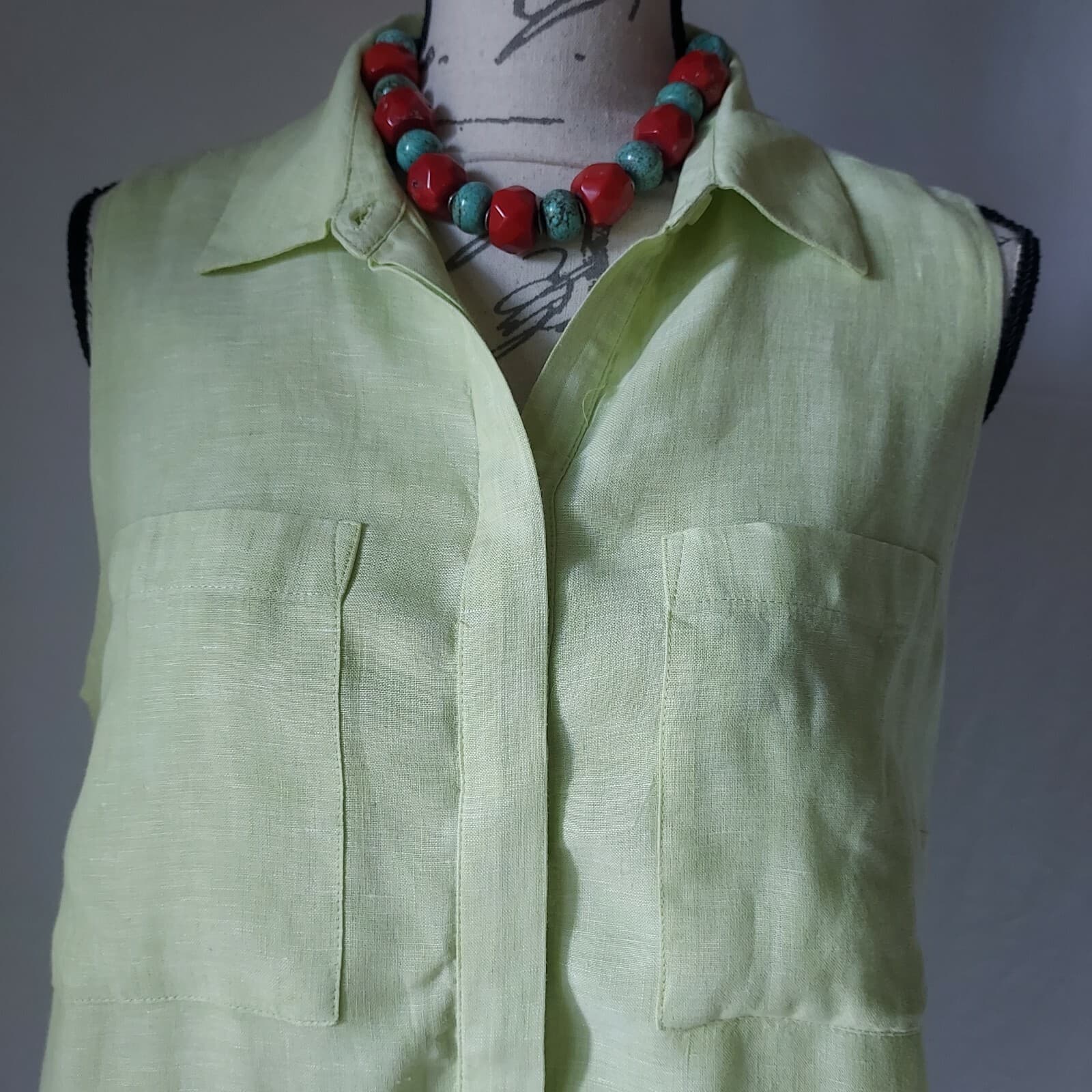 CHICO'S Linen Layer Tunic Top Sleeveless Button-Down Pocket Green Women Sz.1 - Thumbnail 3