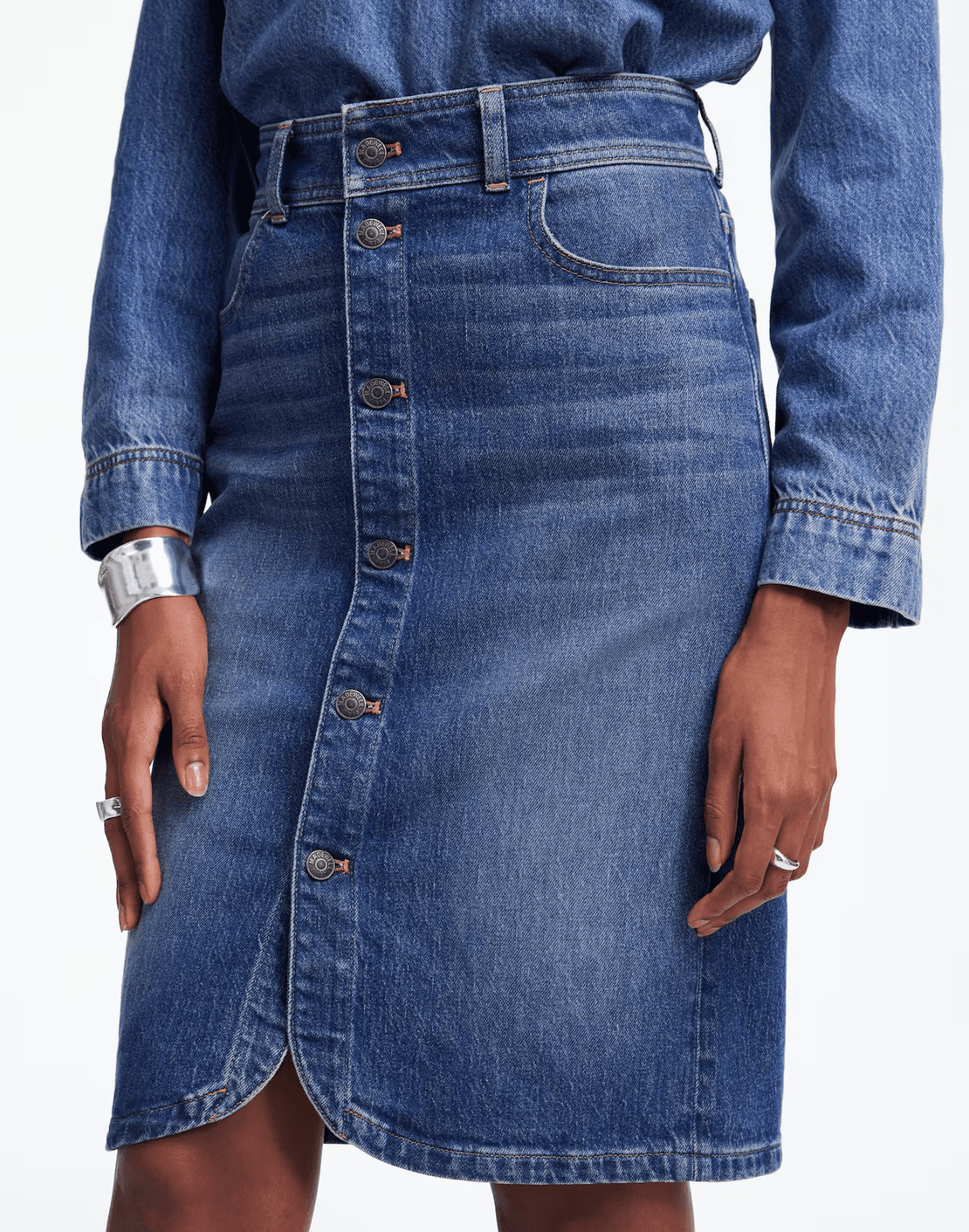 Madewell Denim Button-Front Midi Skirt Pocket Cotton Blend Blue Women's 30 NT750 - Thumbnail 3