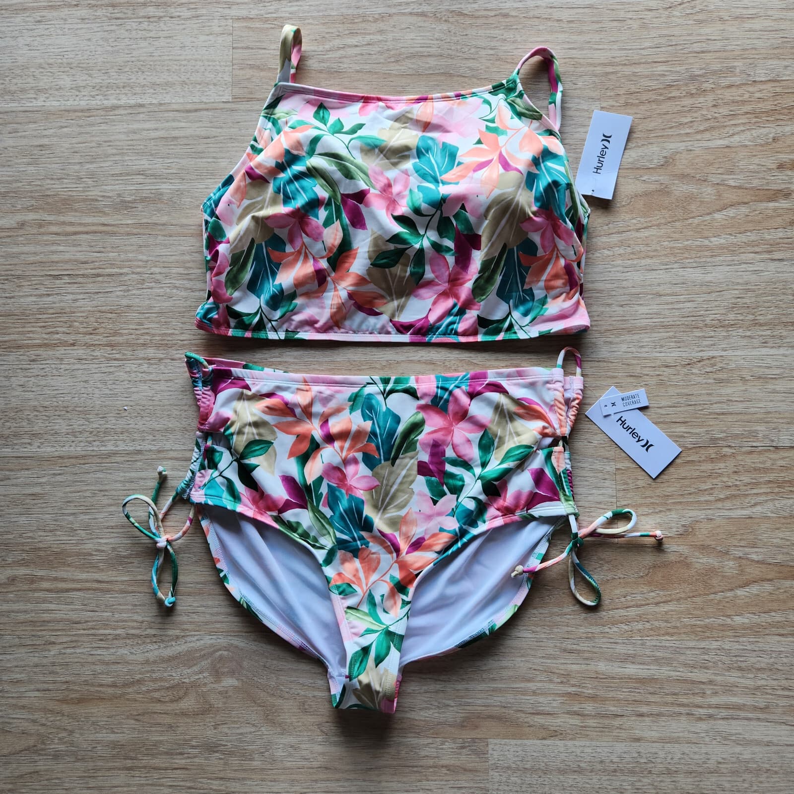 NWT HURLEY Botanical Print 2-Piece Bikini Square Neck High Waist Multicolor 3X - Thumbnail 2