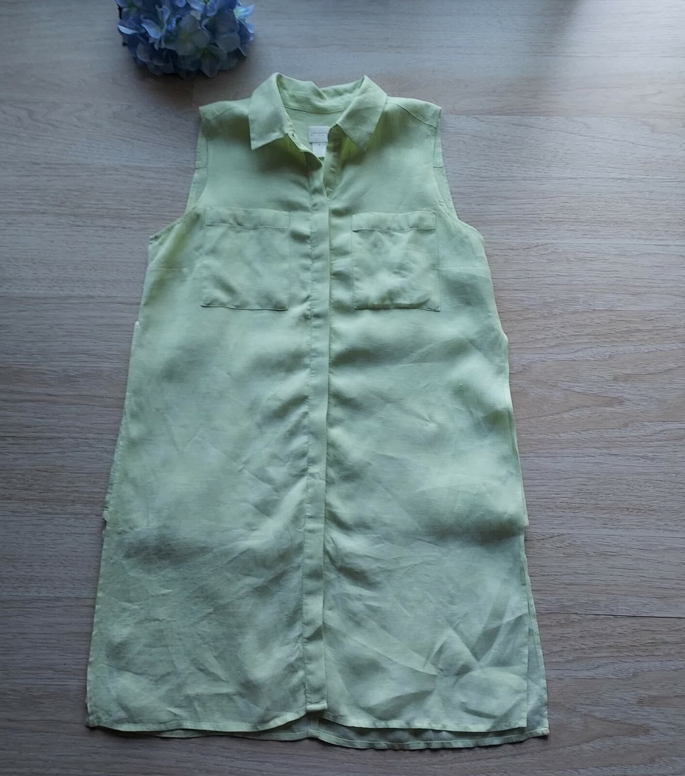 CHICO'S Linen Layer Tunic Top Sleeveless Button-Down Pocket Green Women Sz.1 - Thumbnail 2