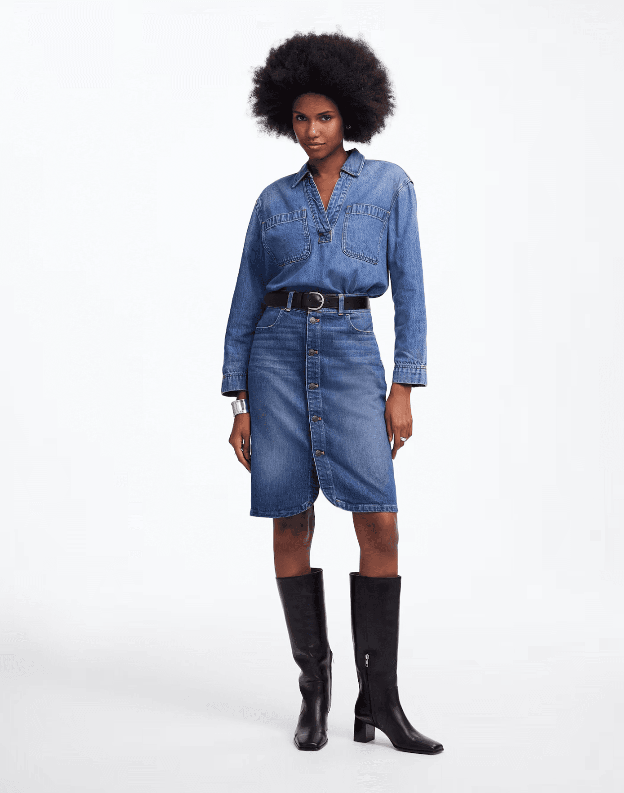 Madewell Denim Button-Front Midi Skirt Pocket Cotton Blend Blue Women's 30 NT750 - Thumbnail 5