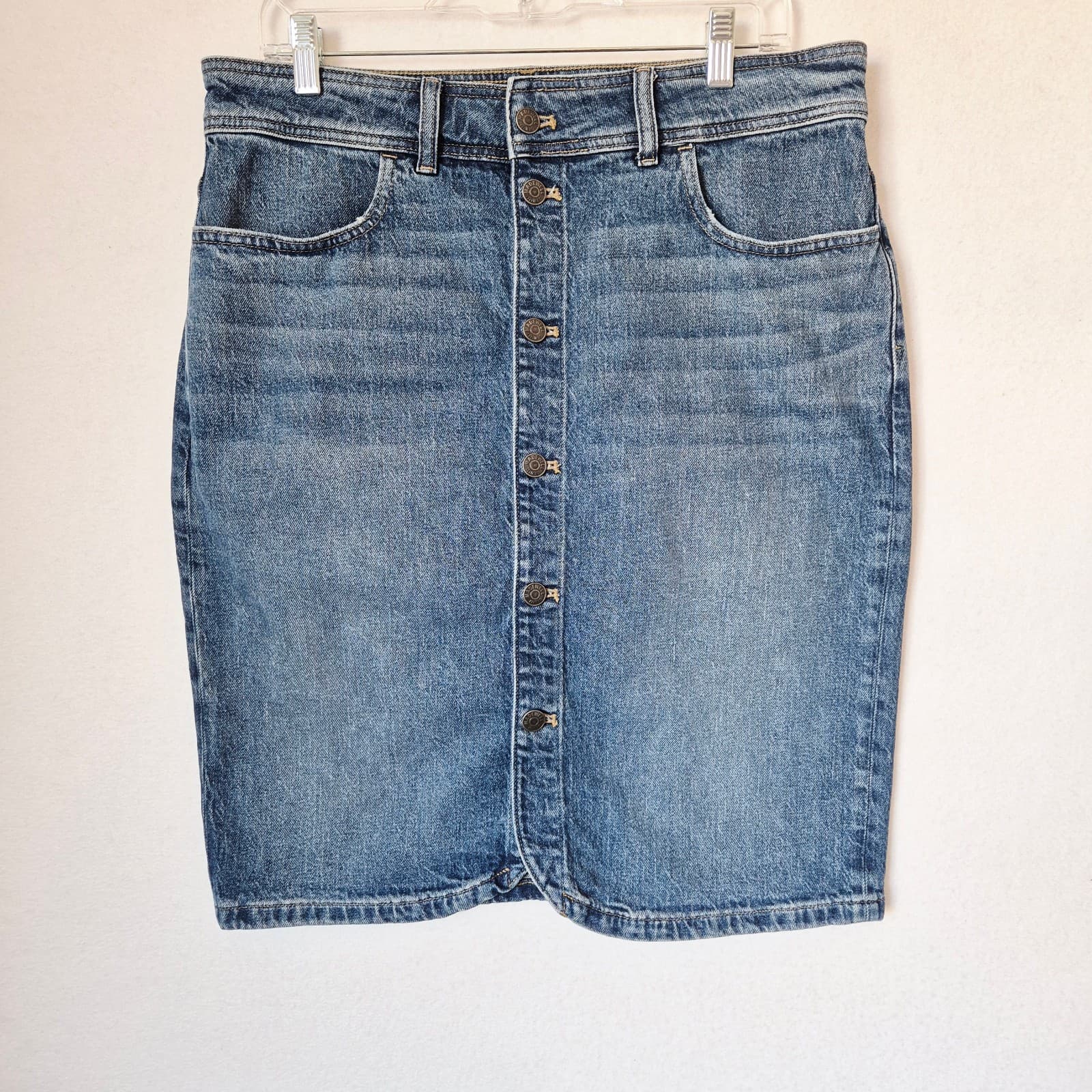 Madewell Denim Button-Front Midi Skirt Pocket Cotton Blend Blue Women's 30 NT750 - Thumbnail 4