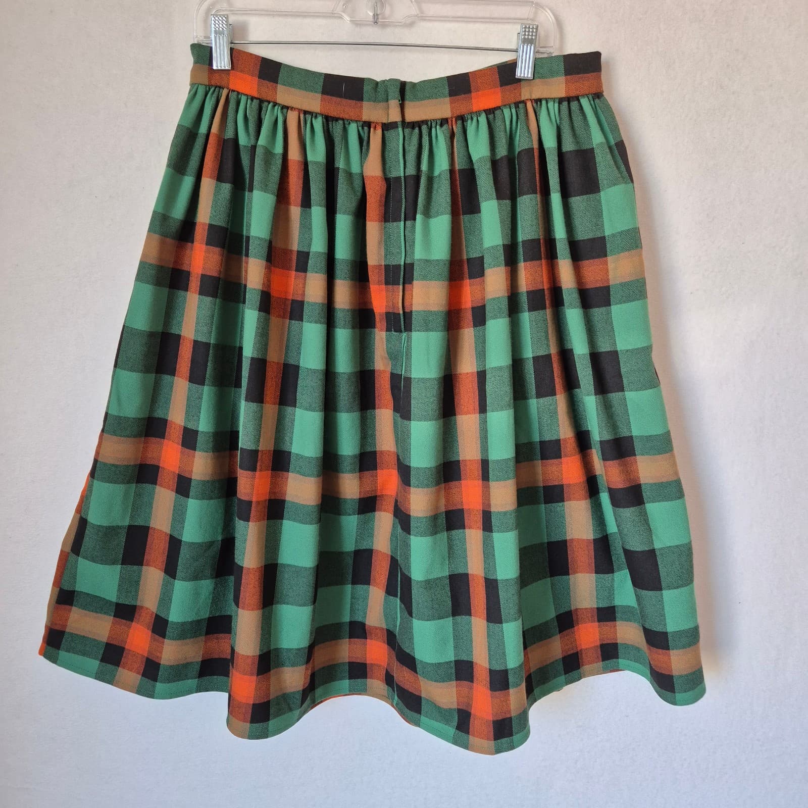 ModCloth x Collectif Jasmine Log Check Swing Skirt Pocket Zip Green Orange Sz.10 - Thumbnail 4