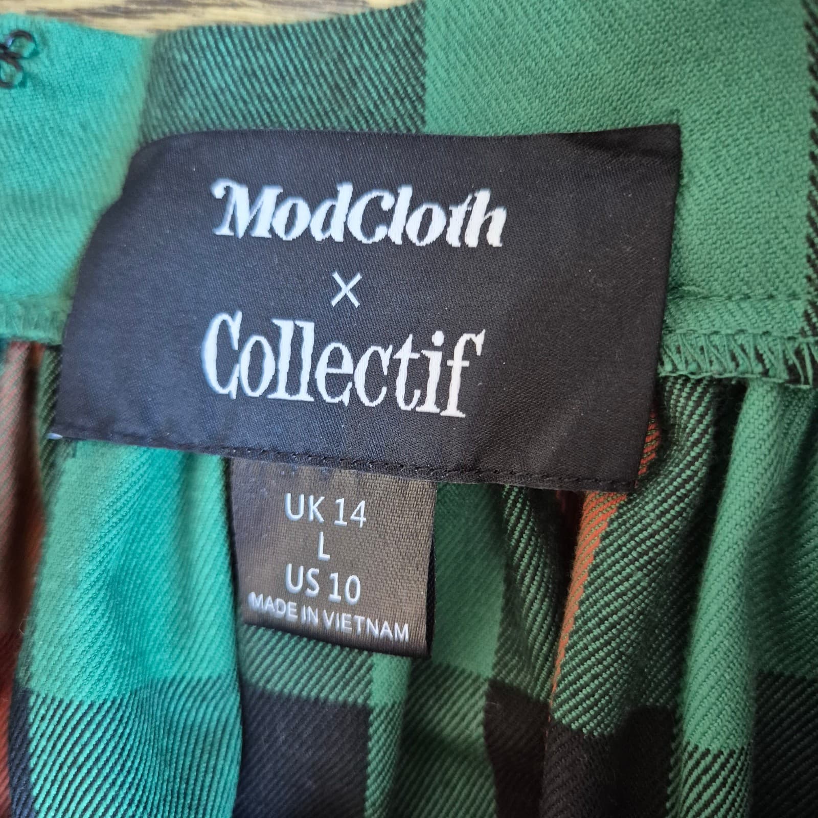 ModCloth x Collectif Jasmine Log Check Swing Skirt Pocket Zip Green Orange Sz.10 - Thumbnail 7