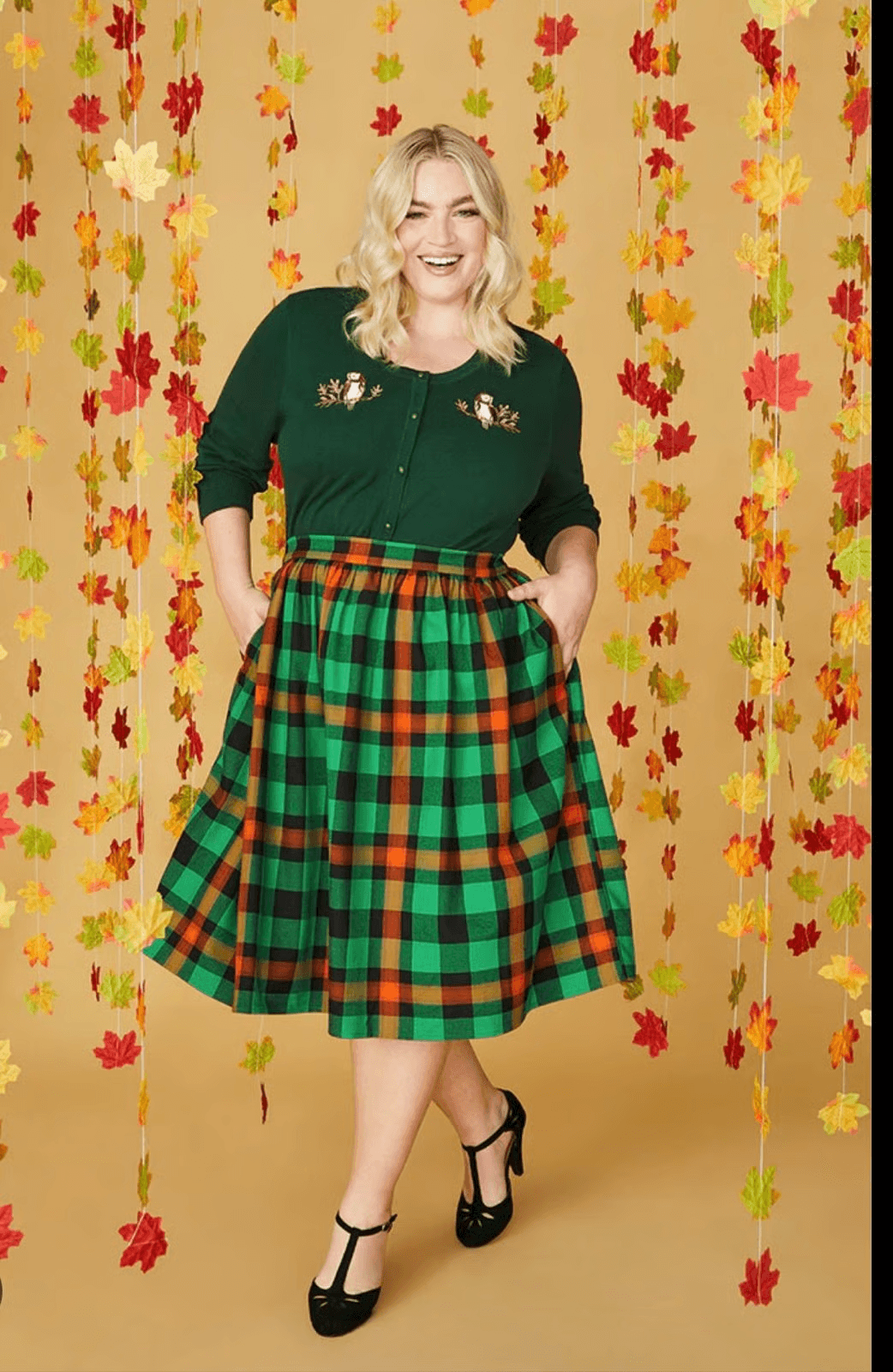 ModCloth x Collectif Jasmine Log Check Swing Skirt Pocket Zip Green Orange Sz.10 - Thumbnail 2