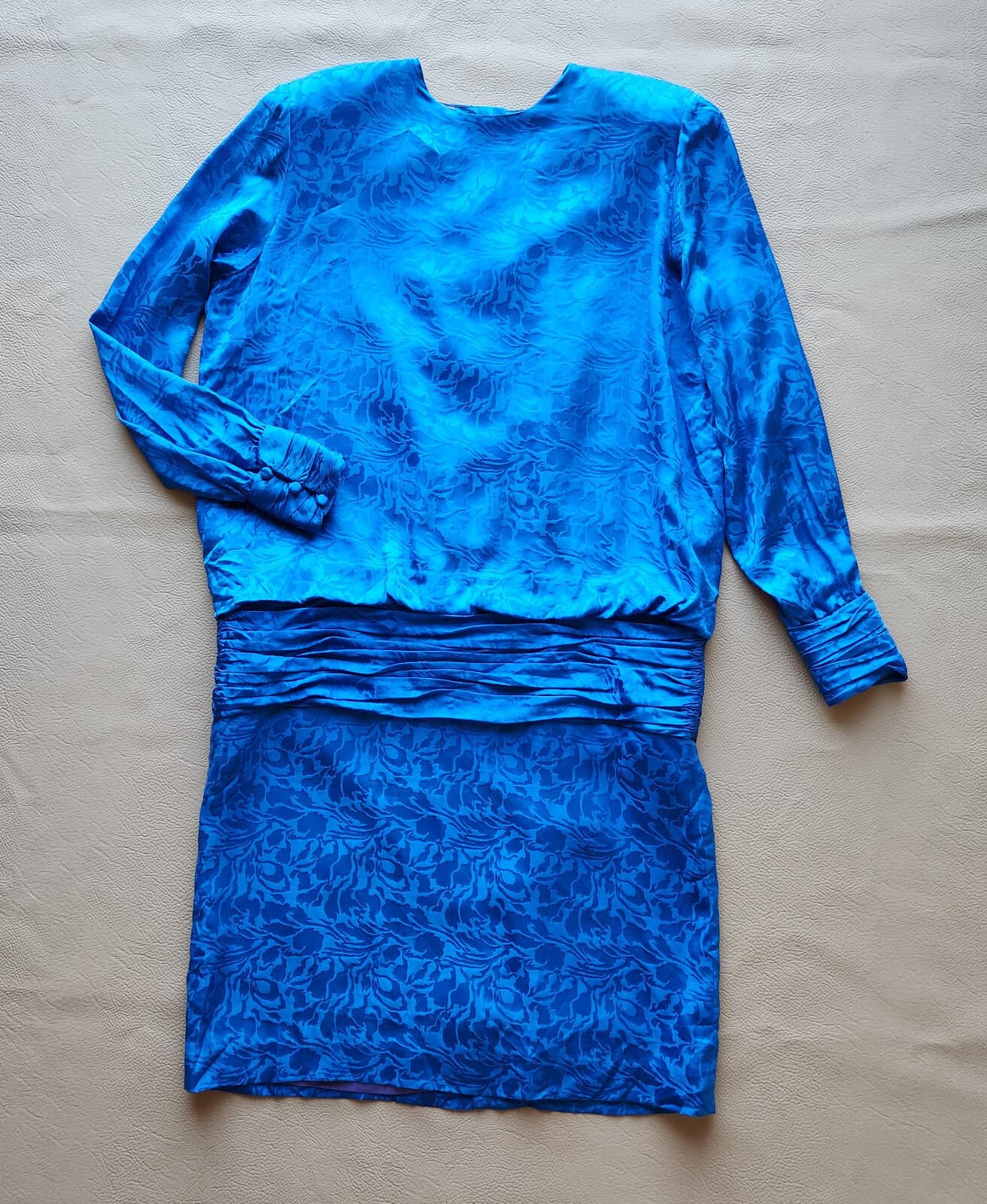 Vintage Silk Studio Cocktail Party Drop Waist Midi Dress Long Sleeve Blue Sz.14 - Thumbnail 4