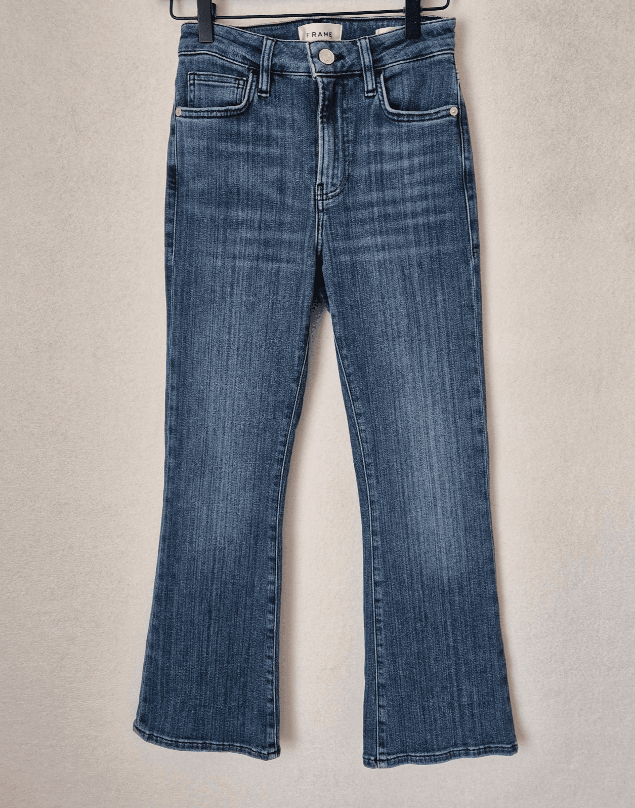 FRAME Le Crop Mini Boot 5-Pocket Stretch Temple Medium Wash Blue Women's 25 $248