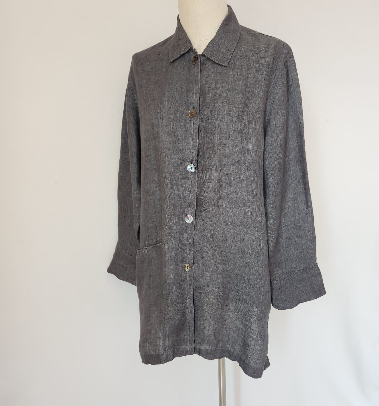Vintage Chico's Design Linen Lagenlook Long Tunic Shirt Pearl Button Grey Sz.2/L - Thumbnail 2