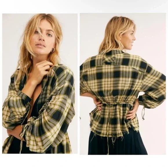 NWoT We The Free Pacific Down Wool Blend Plaid Shirt Snap Tie-Back Green Woman M - Thumbnail 2