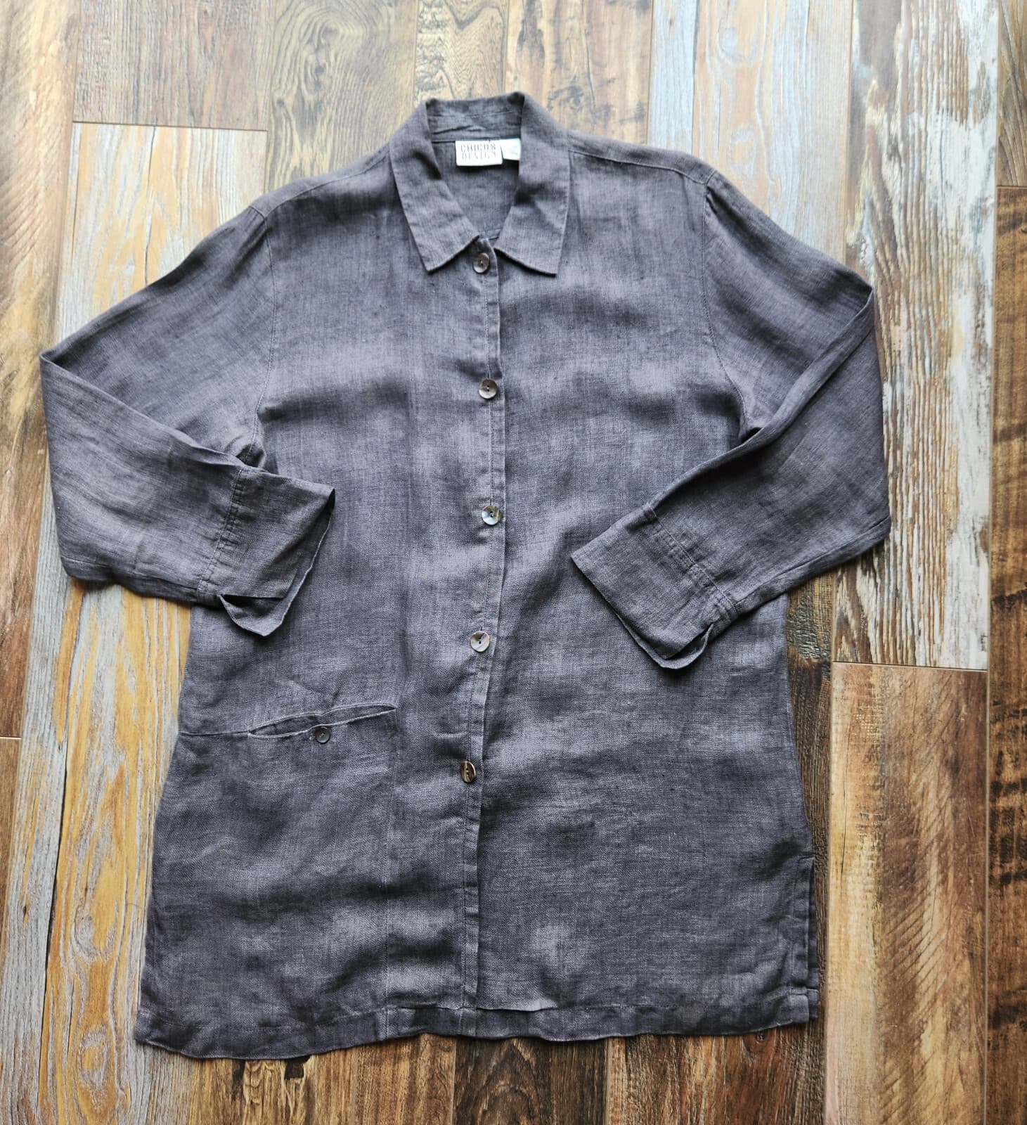 Vintage Chico's Design Linen Lagenlook Long Tunic Shirt Pearl Button Grey Sz.2/L - Thumbnail 4