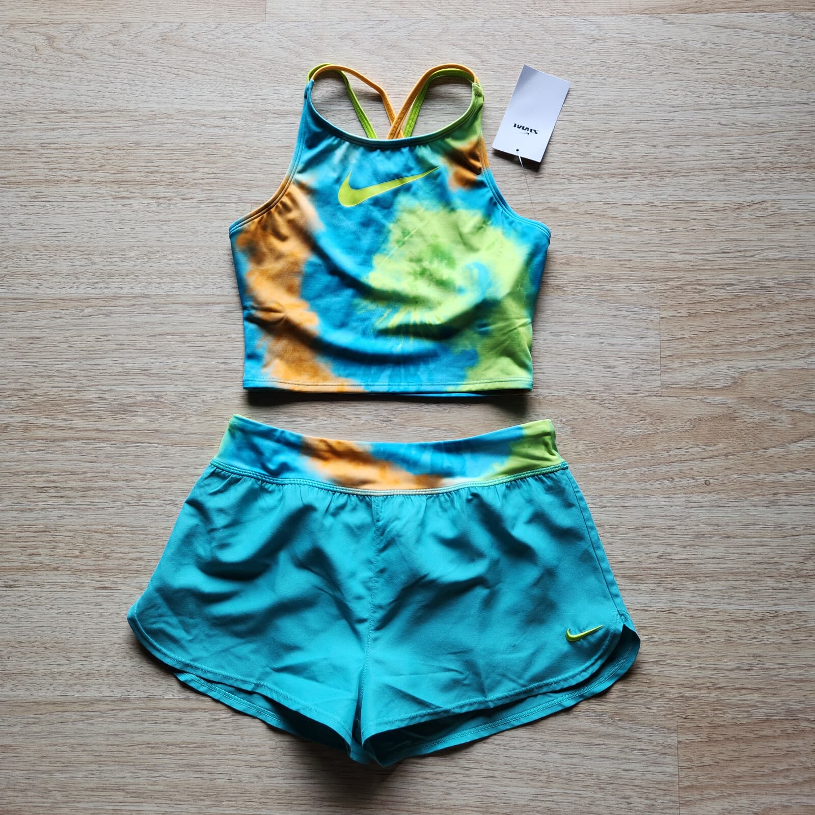 NWT Nike 2 Piece Tie Dye Spiderback Mid-Bikini Short Set Multicolor Girl's L $42 - Thumbnail 2