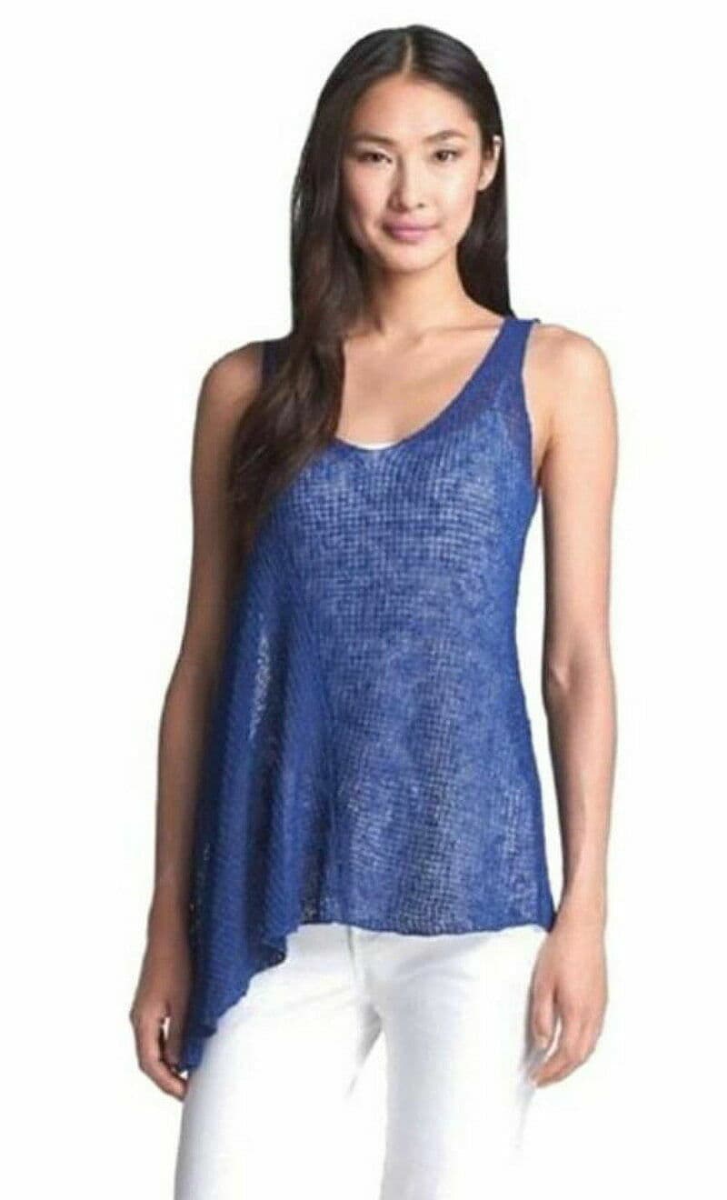 EILEEN FISHER Linen Blend Open Stritch Tank Top High-Low Sleeveless Blue Sz.M - Thumbnail 3