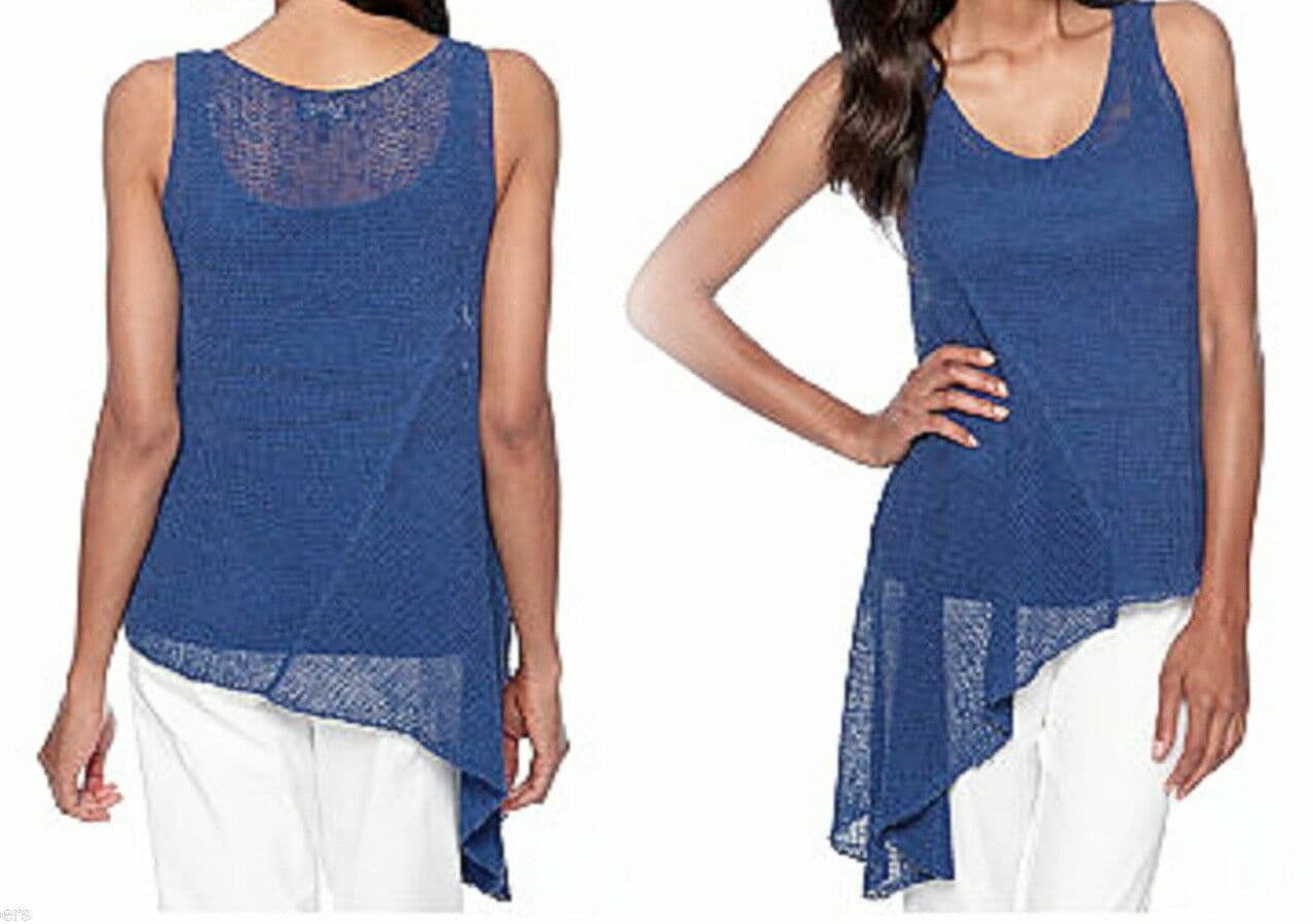 EILEEN FISHER Linen Blend Open Stritch Tank Top High-Low Sleeveless Blue Sz.M - Thumbnail 2