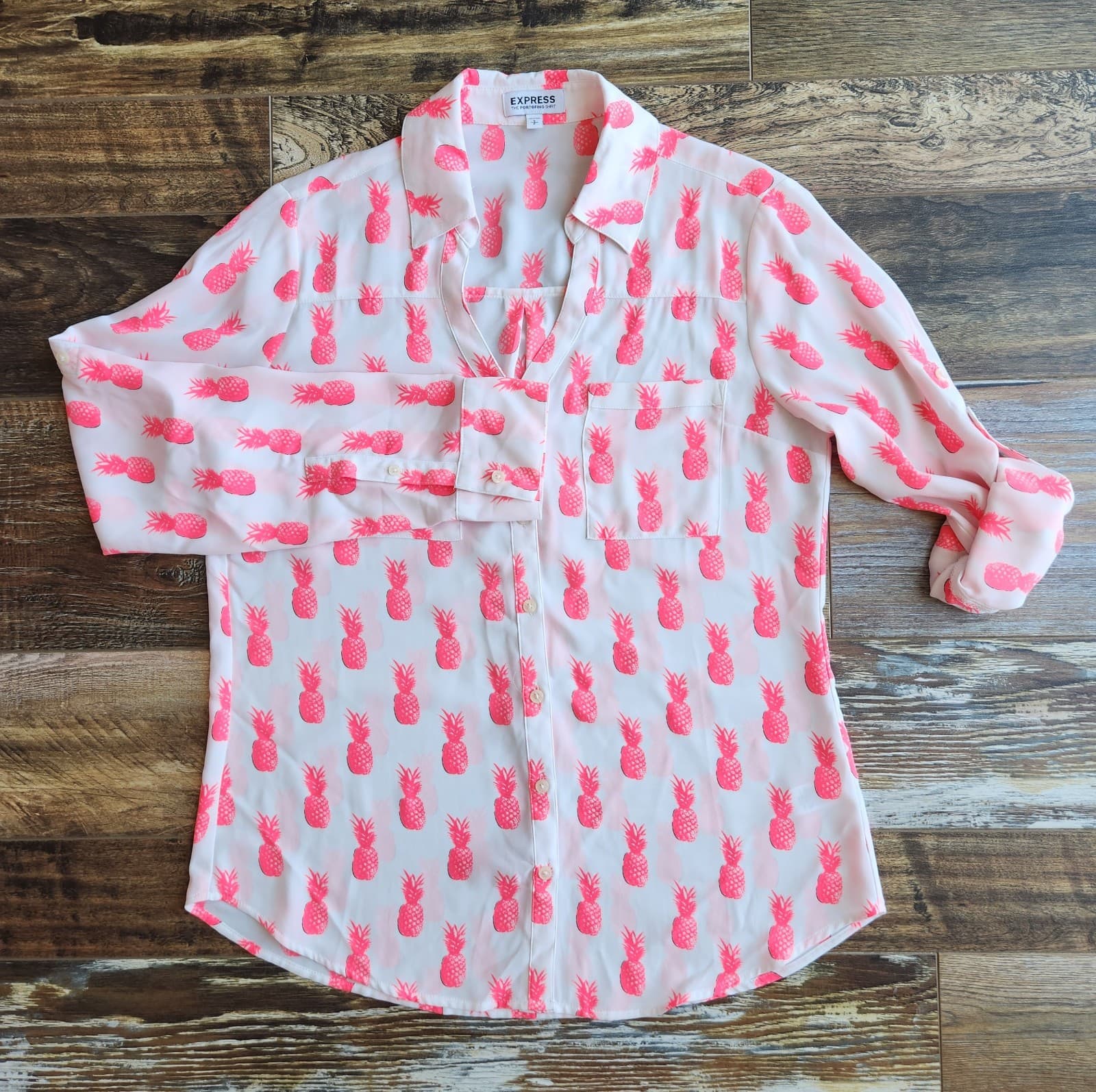 Express Portofino Pink Pineapple Chiffon Shirt Button-Up Roll Tap Sleeve Sz.S - Thumbnail 4