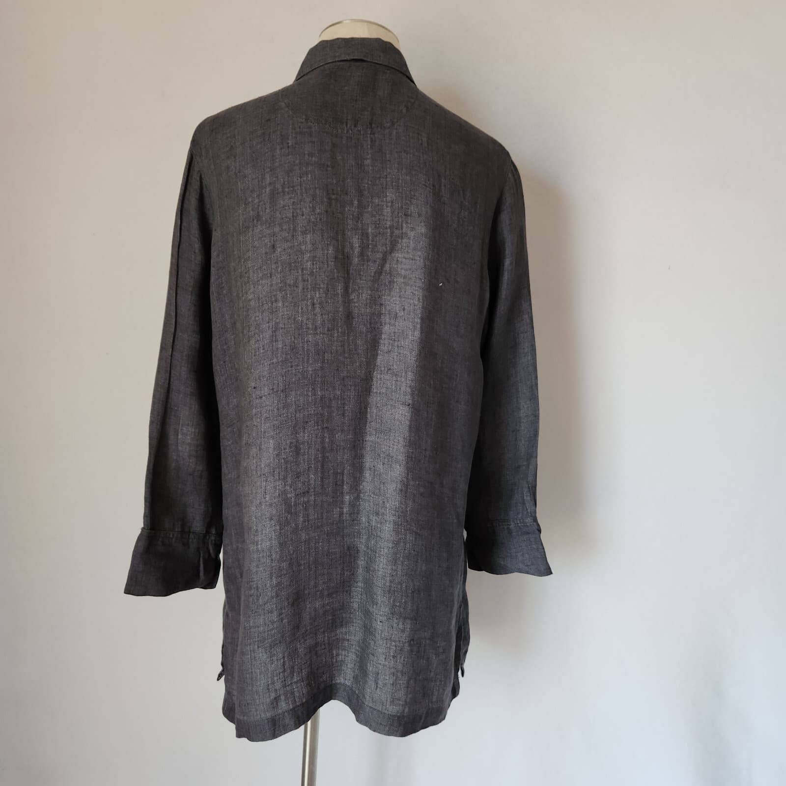 Vintage Chico's Design Linen Lagenlook Long Tunic Shirt Pearl Button Grey Sz.2/L - Thumbnail 7