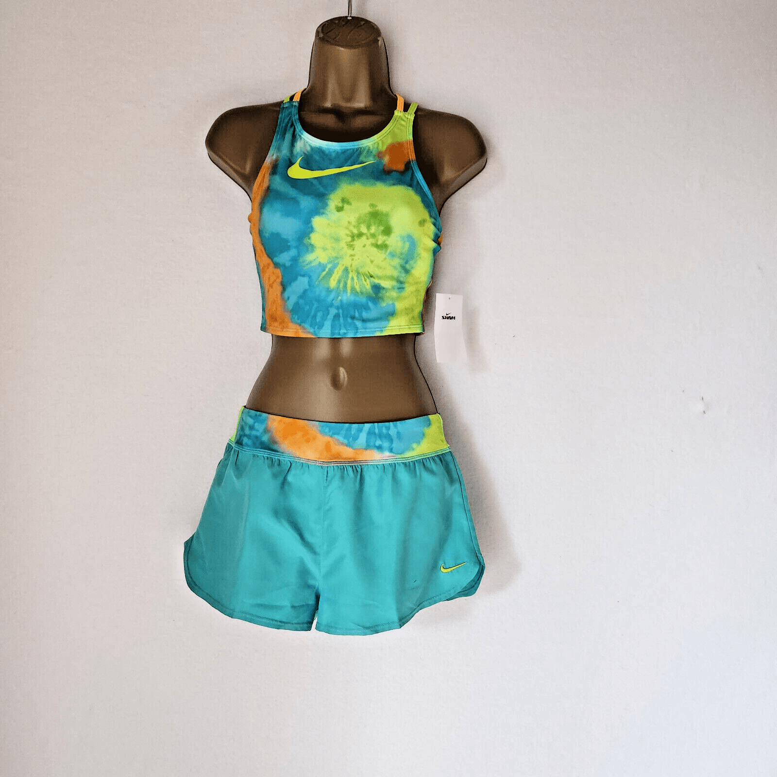 NWT Nike 2 Piece Tie Dye Spiderback Mid-Bikini Short Set Multicolor Girl's L $42