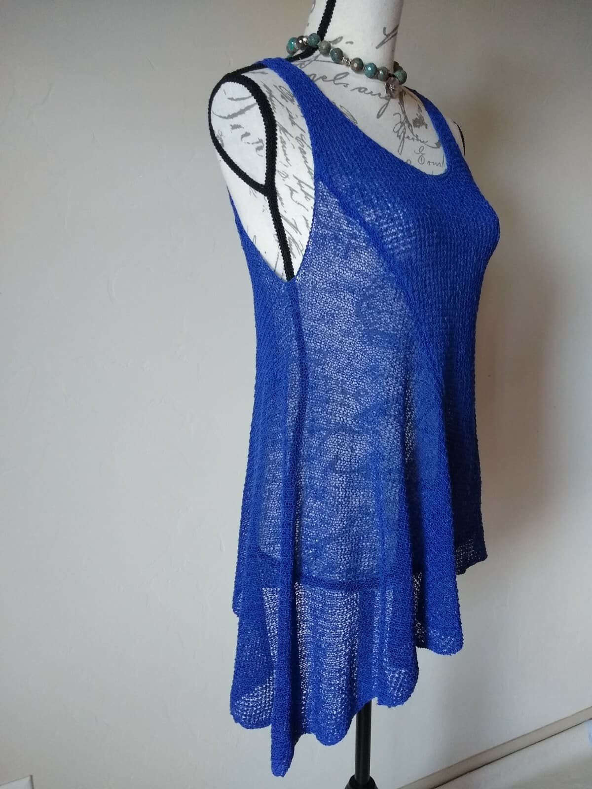 EILEEN FISHER Linen Blend Open Stritch Tank Top High-Low Sleeveless Blue Sz.M - Thumbnail 5