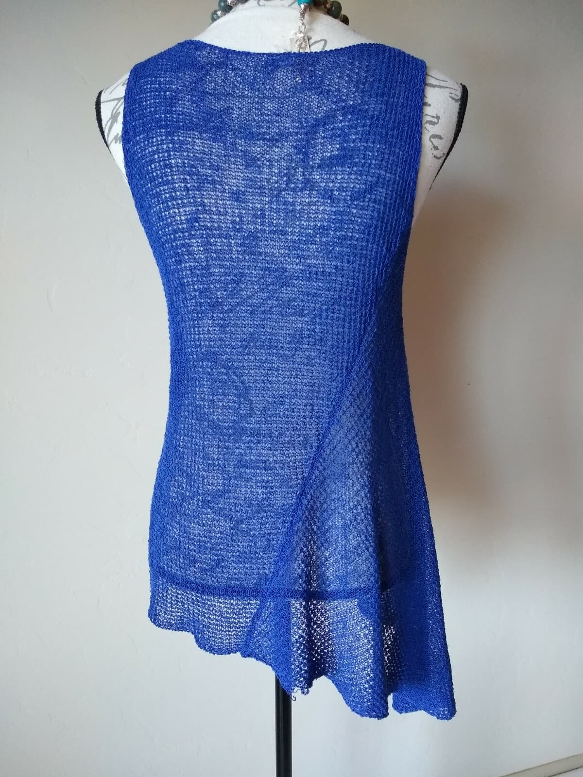 EILEEN FISHER Linen Blend Open Stritch Tank Top High-Low Sleeveless Blue Sz.M - Thumbnail 6