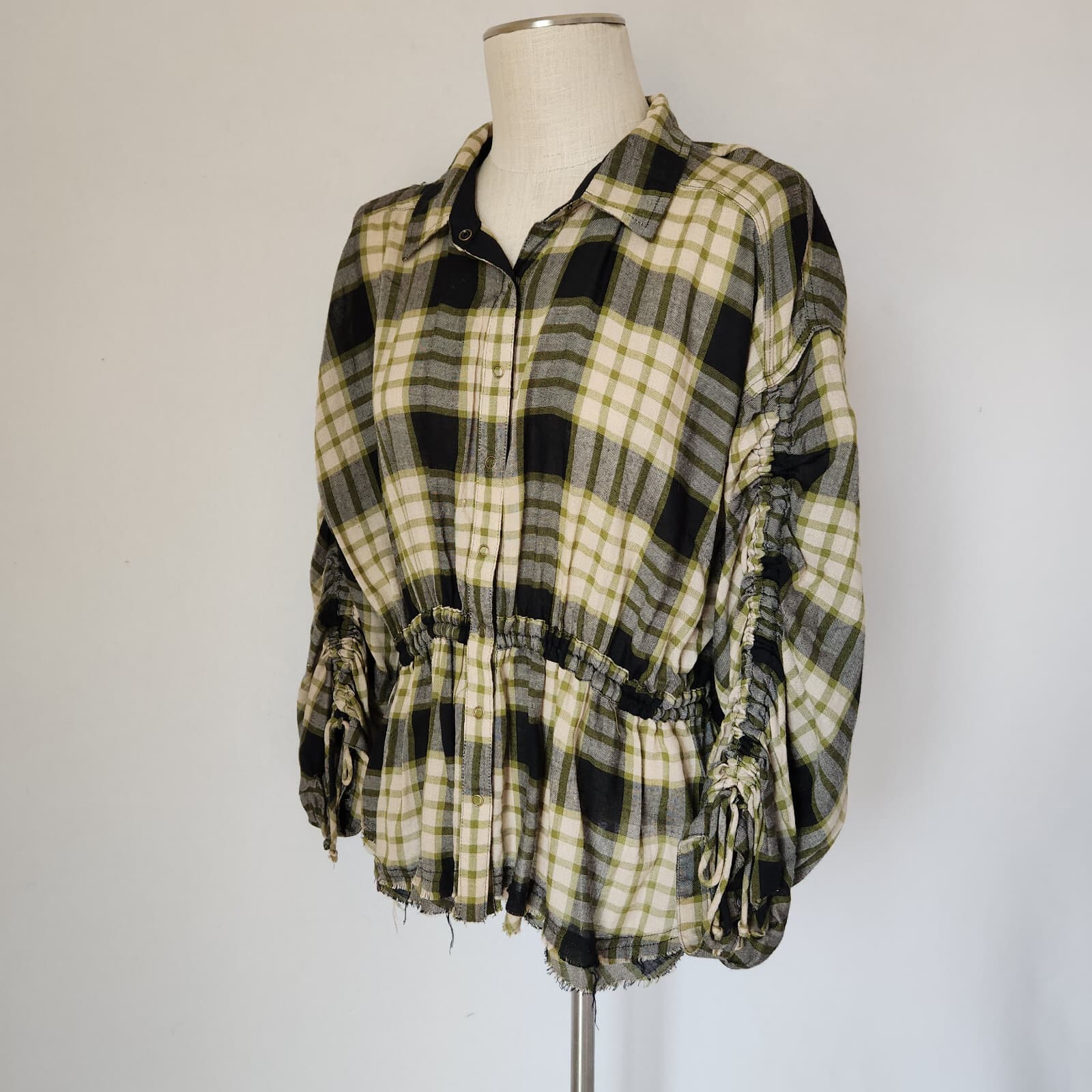 NWoT We The Free Pacific Down Wool Blend Plaid Shirt Snap Tie-Back Green Woman M