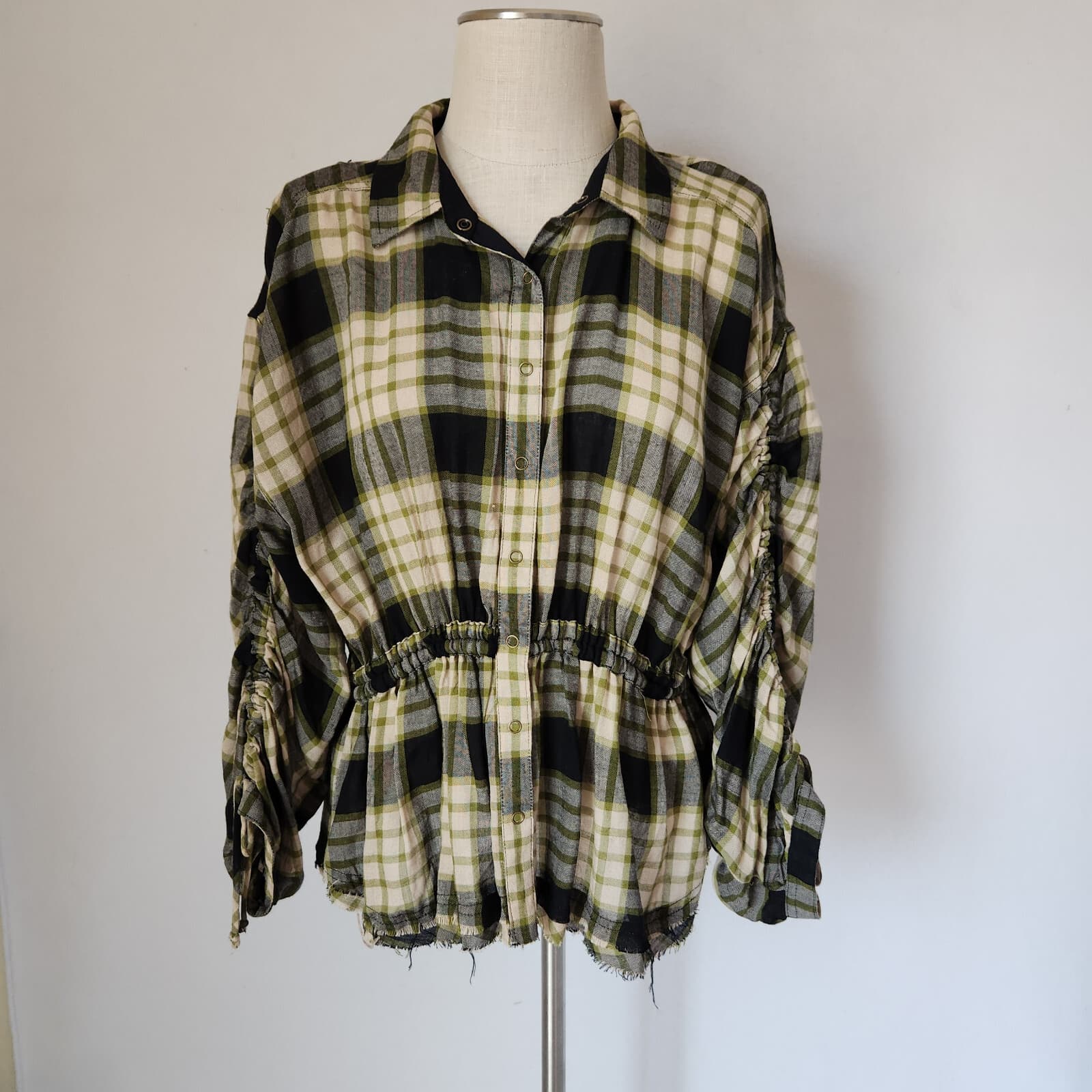 NWoT We The Free Pacific Down Wool Blend Plaid Shirt Snap Tie-Back Green Woman M - Thumbnail 3