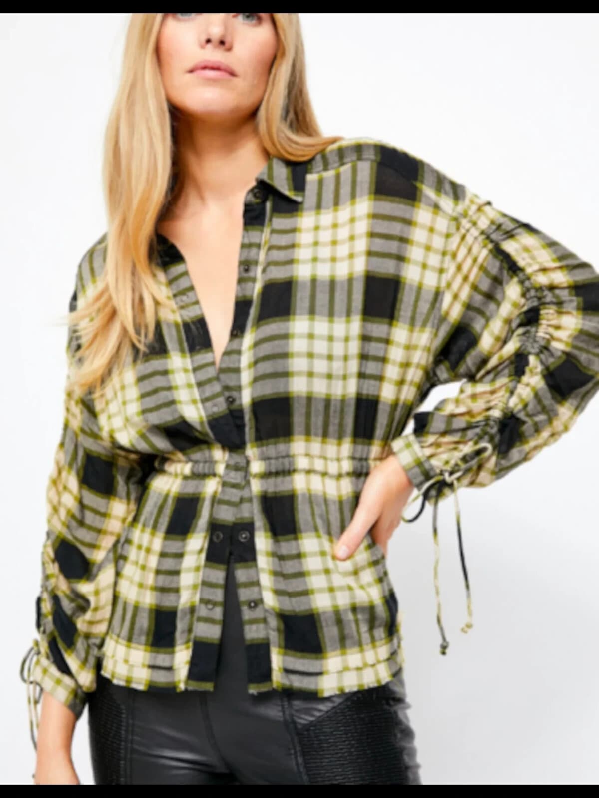 NWoT We The Free Pacific Down Wool Blend Plaid Shirt Snap Tie-Back Green Woman M - Thumbnail 6