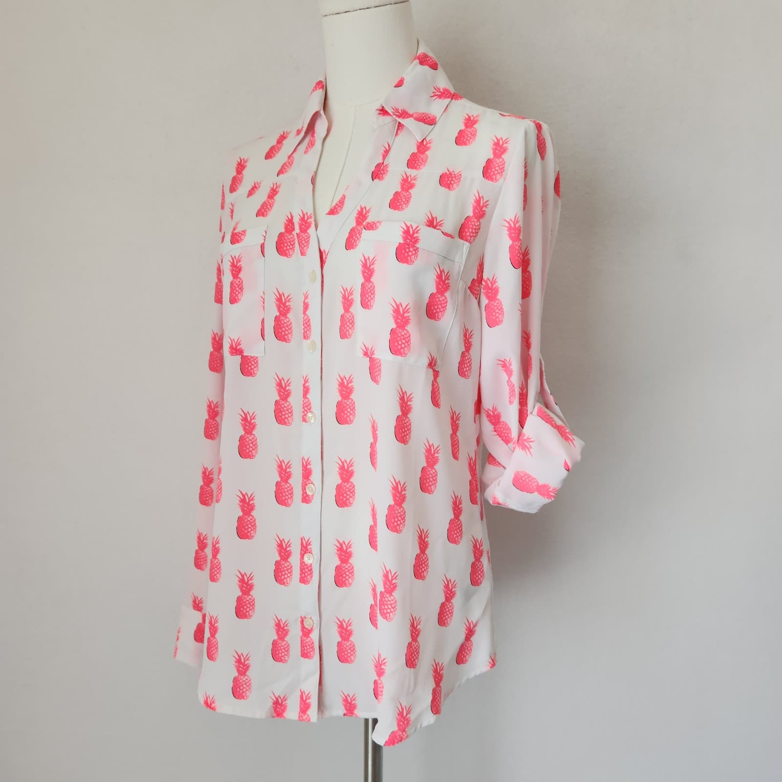 Express Portofino Pink Pineapple Chiffon Shirt Button-Up Roll Tap Sleeve Sz.S - Thumbnail 2