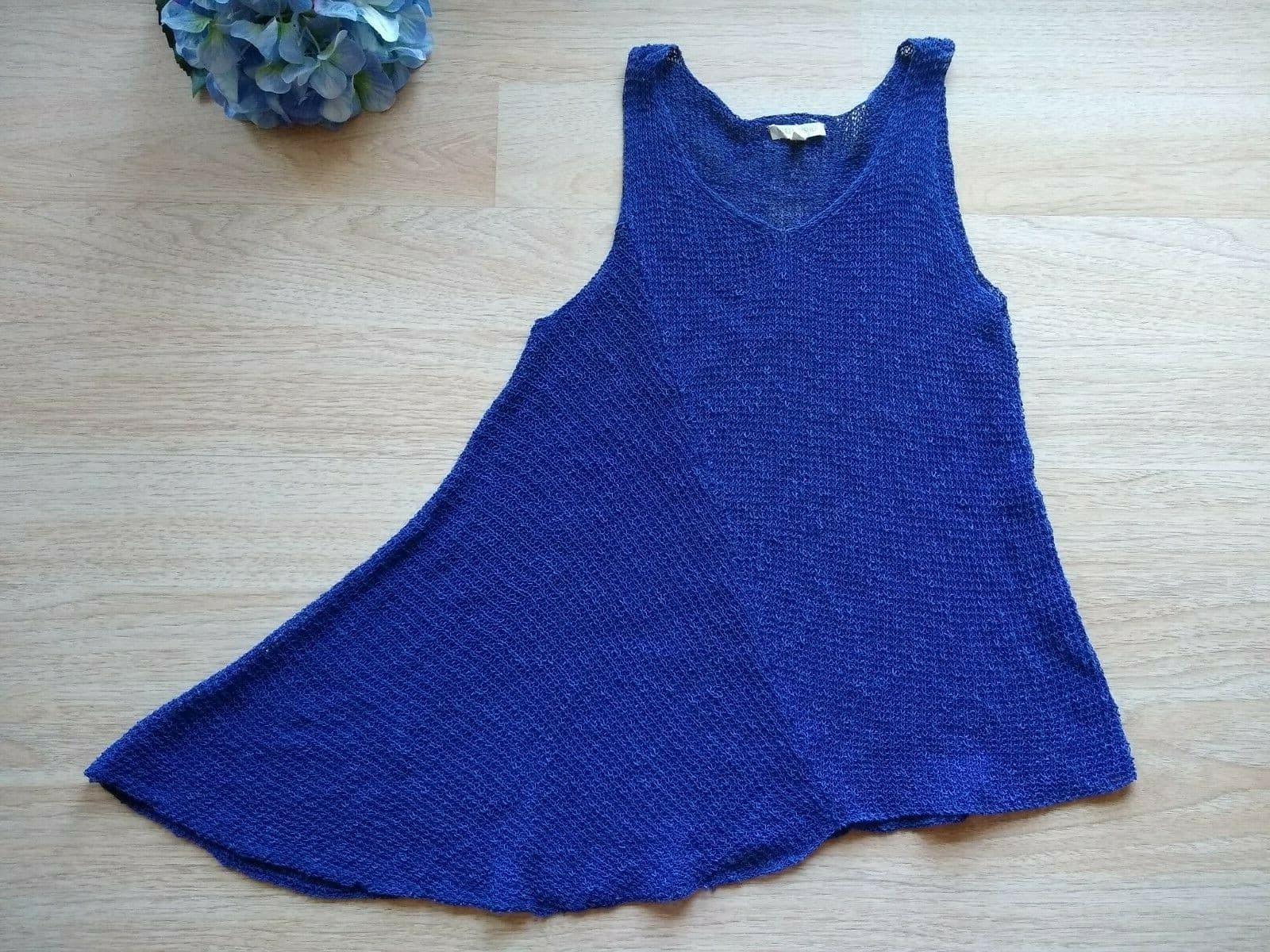EILEEN FISHER Linen Blend Open Stritch Tank Top High-Low Sleeveless Blue Sz.M - Thumbnail 4