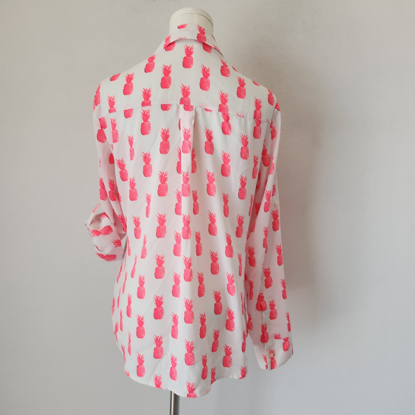 Express Portofino Pink Pineapple Chiffon Shirt Button-Up Roll Tap Sleeve Sz.S - Thumbnail 3