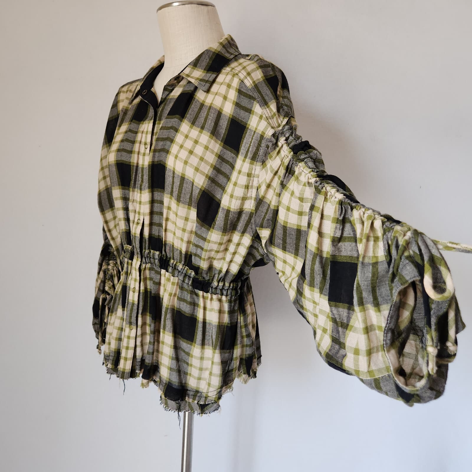 NWoT We The Free Pacific Down Wool Blend Plaid Shirt Snap Tie-Back Green Woman M - Thumbnail 5
